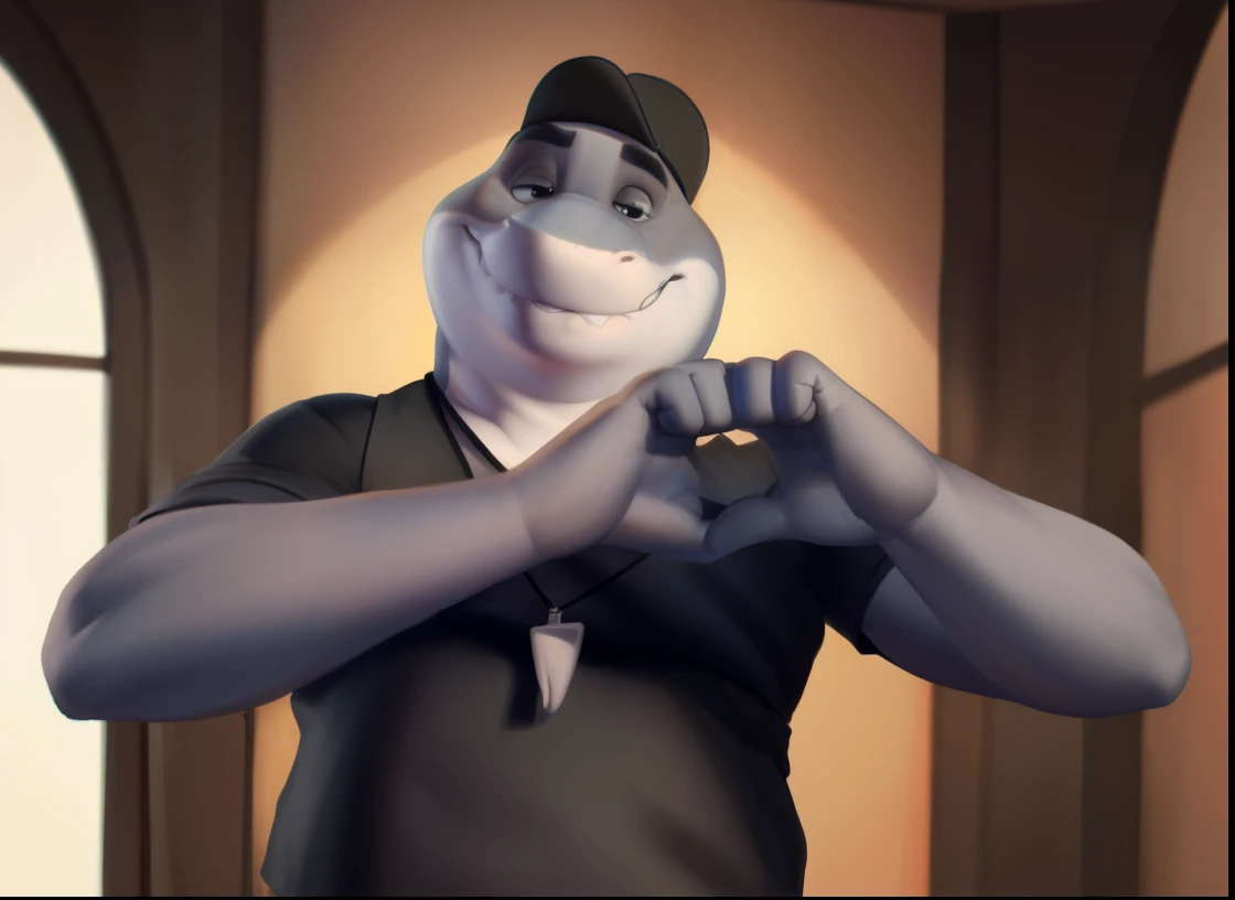 mr Shark, plump, fat, belly, black eyes, (pose:1.3), (posing:1.3), (soft shading), 4k, hi res, five fingers, detailed hands, ((detailed face, (detailed eyes:1.0), detailed)), (full body), by zackarry911, by zaush, (by personalami:0.5), looking at viewer, black shirt, 1boy, male focus, open clothes, pants, black sweater with cap, cap down showing face, dog tags, grey pants, giant head, huge head, big head. Making a heart with his hands