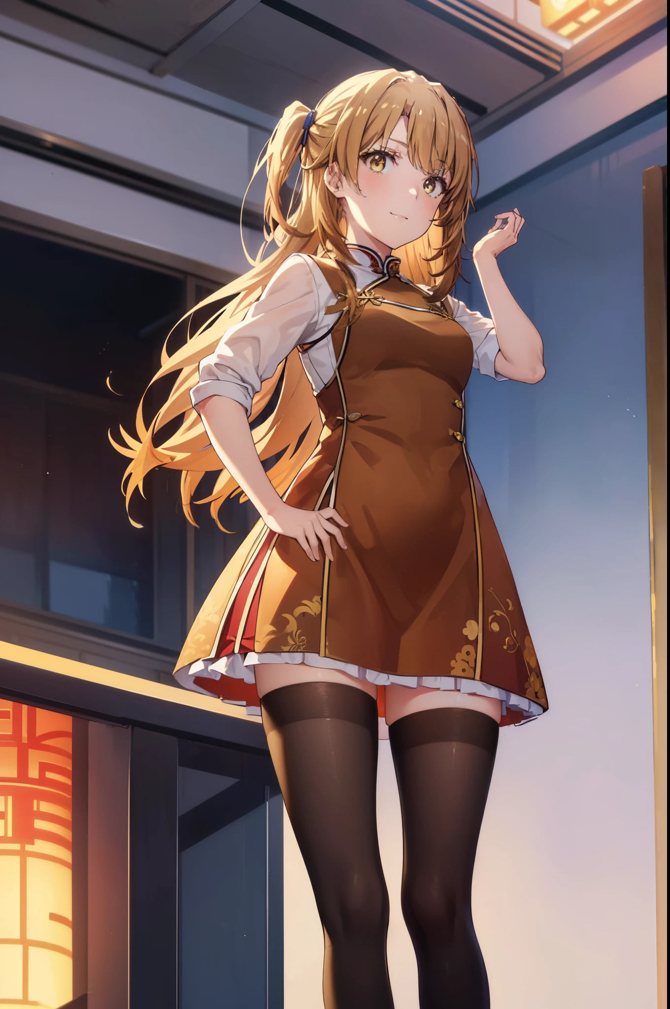 irohaisshiki, Isshiki Iroha, long hair, light brown hair, (brown eyes:1.5), blush,smile,Chinese service,cheongsam dress clothing,Slit skirt,black tights,stiletto heels,Put your right hand on your hip,威張っている
break indoors, 中国風街中
break looking at viewer,
break (masterpiece:1.2), highest quality, High resolution, unity 8k wallpaper, (shape:0.8), (beautiful and detailed eyes:1.6), highly detailed face, perfect lighting, Very detailed CG, (perfect hands, perfect anatomy),