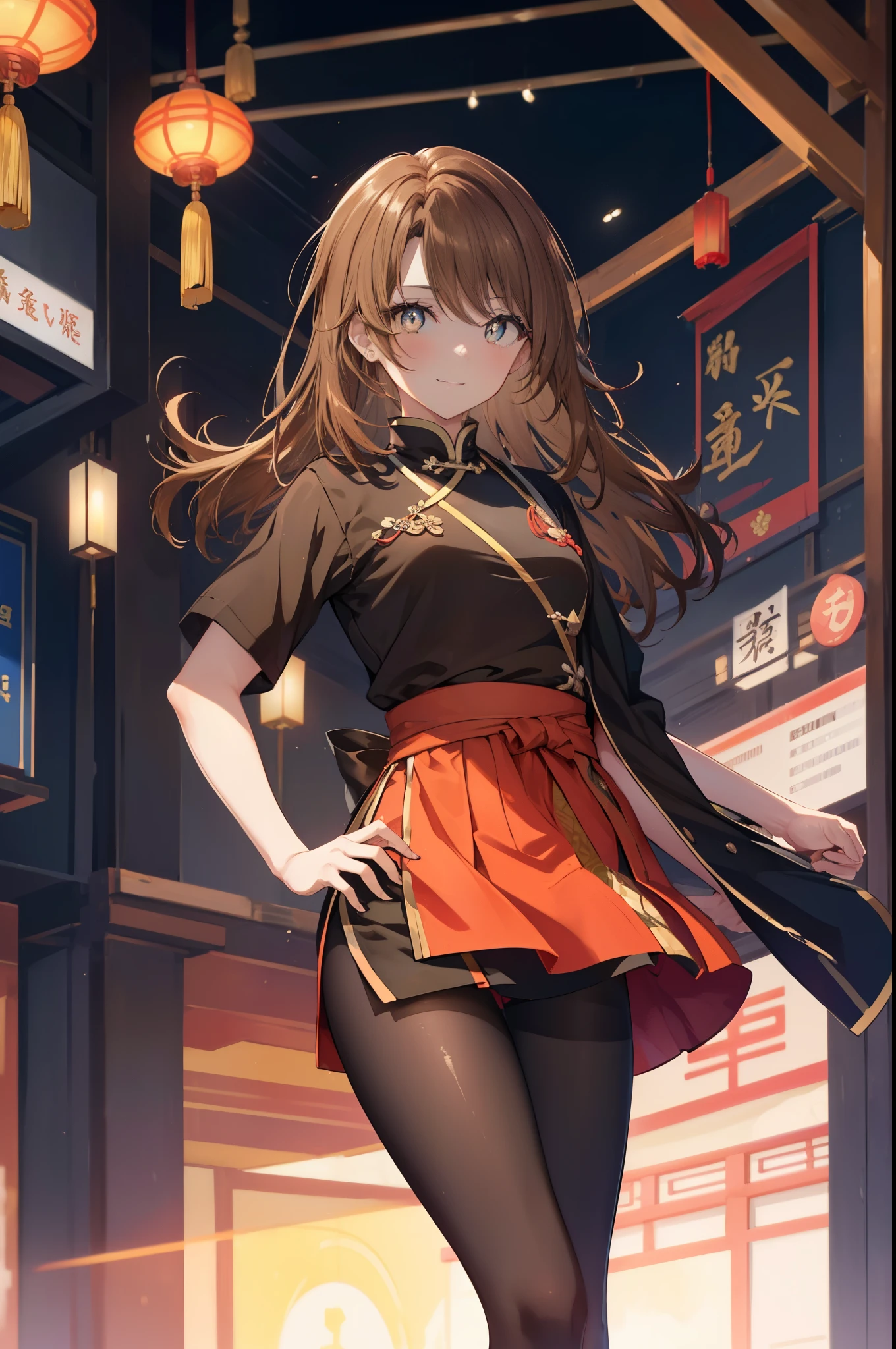 irohaisshiki, Isshiki Iroha, long hair, light brown hair, (brown eyes:1.5), blush,smile,Chinese service,cheongsam dress clothing,Slit skirt,black tights,stiletto heels,Put your right hand on your hip,威張っている
break indoors, 中国風街中
break looking at viewer,
break (masterpiece:1.2), highest quality, High resolution, unity 8k wallpaper, (shape:0.8), (beautiful and detailed eyes:1.6), highly detailed face, perfect lighting, Very detailed CG, (perfect hands, perfect anatomy),