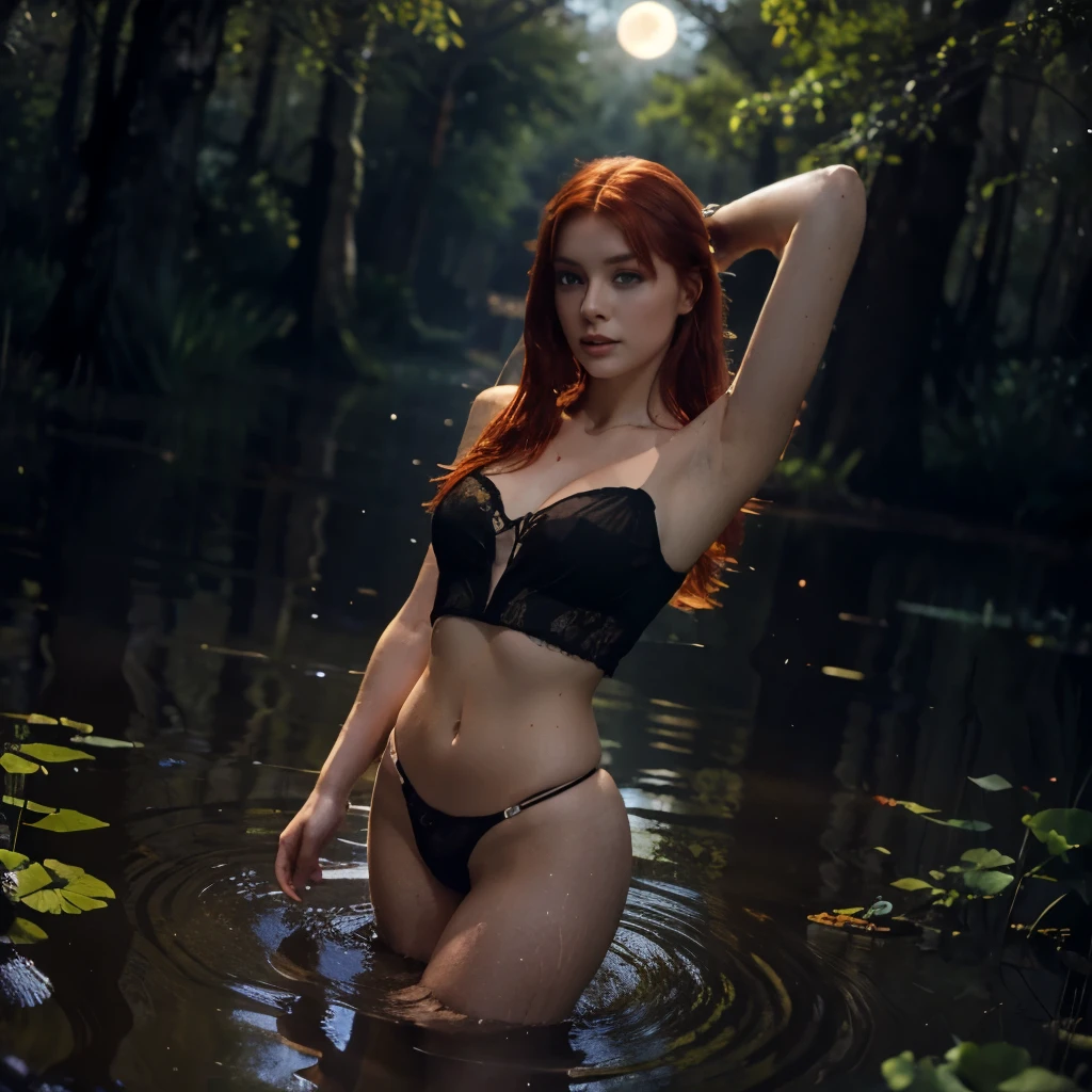 fantastic beauty red-haired girl, 18 years, Beautiful eyes, Graceful fingers, in a revealing mesh blouse, up to your neck in a swamp, Splashes are flying, night, two big moons, mysterious glow, Starfall, glowing flowers, a mystic