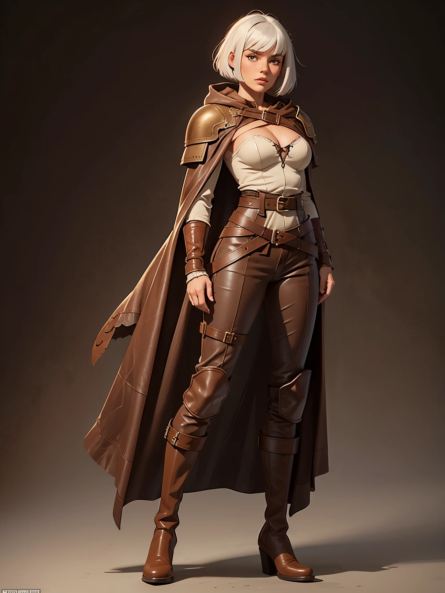 one girl, solo, white hair, bob cut, full body, medieval, (brown cloak:1.2), (brown hood:1.2), leather boots, gradient sprayed background, front view, masterpiece, highly detailed, look at viewer, belts, shoulder-belts, (leather shoulder pads:1.2), leather bracers, bare hands, pants, exposed breasts, cleavage