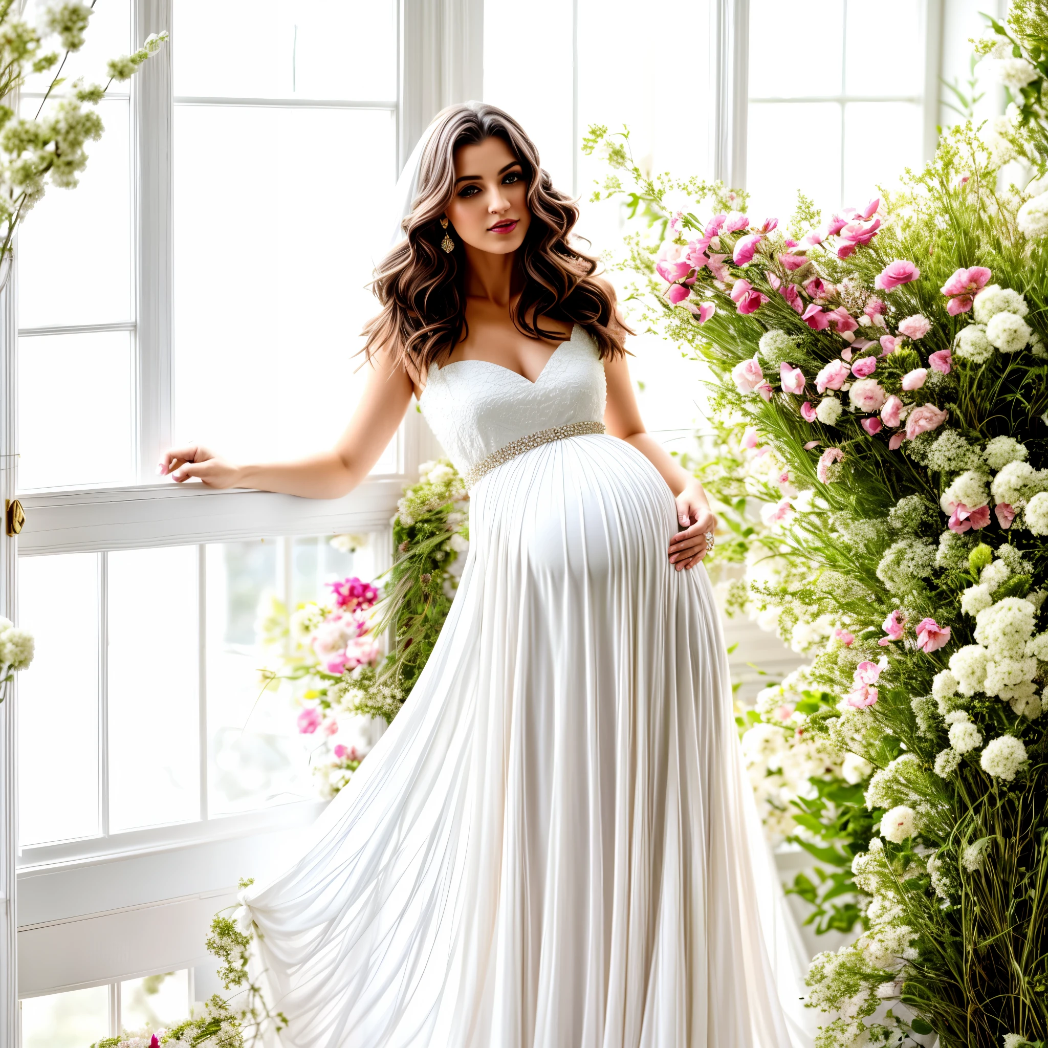Portrait, photorealism, realistic photo, pregnant woman in white dress standing in a garden with flowers, wearing a white flowing dress, fotografia materna 16k, vestido branco, usando um deslumbrante vestido marfim, wearing a flowing dress, flowing dress, vestido real branco, lindo e gracioso, flowing dress, romantic gown, white flowing dress, em um vestido longo branco, peaceful and graceful, elegante e gracioso, modest flowing dress, perfectly drawn hands, dedos perfeitamente desenhados, perfecteyes eyes, high-quality, HDRs.