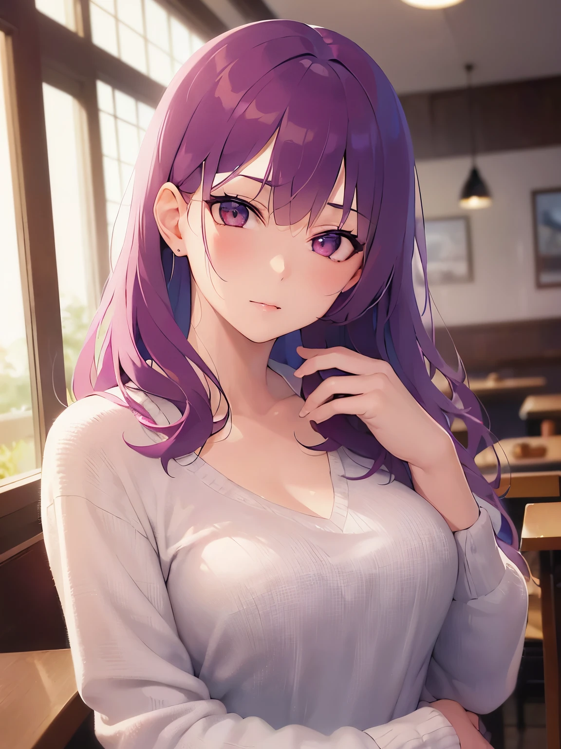 glamorous, Realistic, real person, RAW photo, photorealistic, portrait photography, shiny skin, japanese idol、pink hair、Wavy medium hair with bangs、20 year old woman with pink eyes、Wearing a white long-sleeved V-neck cut-and-sew shirt、glaring、look of despair、The background is a restaurant、Alone