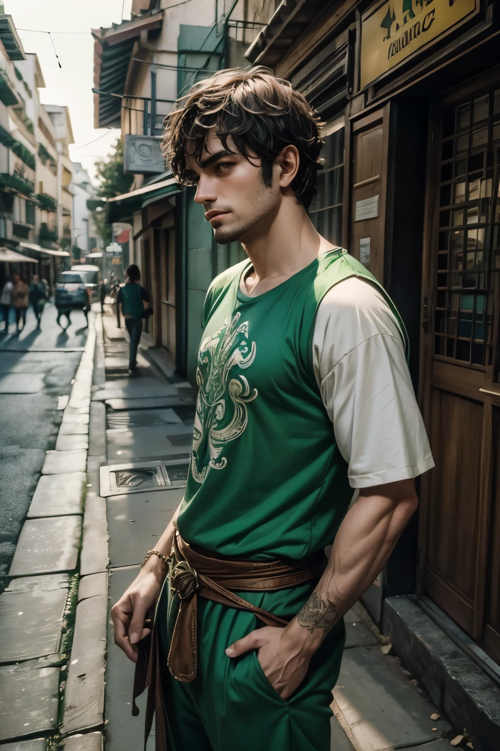 um close de um meio elfo usando camiseta verde na rua , masculino, personagem,masculino D&D personagem