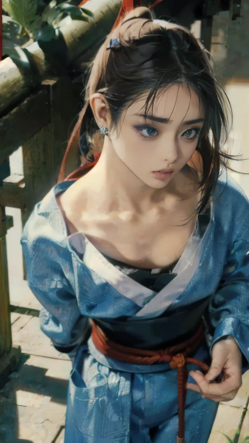 (8K、RAW shooting、highest quality、masterpiece:1.2)、Super detailed、super resolution、(genuine、genuine:1.37)、portrait、High-definition RAW color photo、professional photography、highly detailed face、 highly detailed body、 perfect anatomy、detailed background、(((1人の大人のwoman)))、30歳のwoman、pretty girl、genuineな体つき、small、white skin、glowing skin、because I'thin、black hair、((medium hair))、(neat bangs: 1.4)、cute face、genuine-looking face、delicate eyes、droopy eyes、((jungle))、((囚われたwoman))、(((ninja)))、(((Kunoichi's appearance)))、(((女のninja)))、(((woman'chest exposed.)))、((woman with legs wide open))、((standing posture))、((rope tied her body))、((restraint))、earrings、necklace、bracelet、((face turned to the side))、((目を閉じて大声であくびをするwoman))、contrapo、dynamic lighting、((firm D cup))、((cleavage))、((big breasts))、((look behind you))、((expression of agony))、