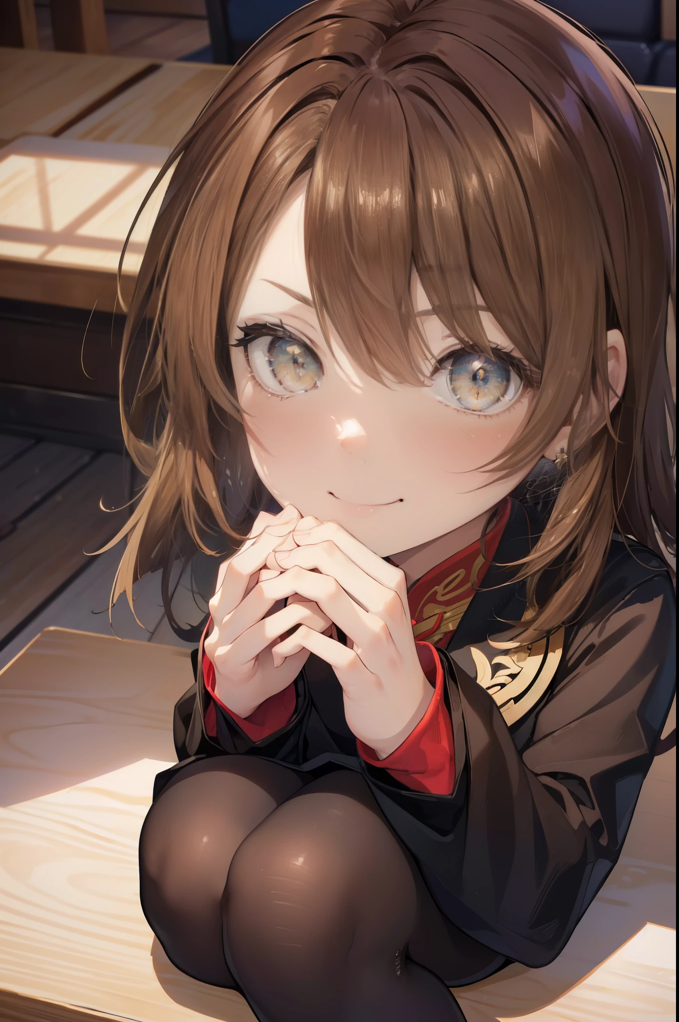 irohaisshiki, Isshiki Iroha, long hair, light brown hair, (brown eyes:1.5), blush,smile,Chinese service,cheongsam dress clothing,Slit skirt,black tights,stiletto heels,sitting cross-legged on a chair,There's a lot of food on the table,
break indoors, Chinese style restaurant,
break looking at viewer,
break (masterpiece:1.2), highest quality, High resolution, unity 8k wallpaper, (shape:0.8), (beautiful and detailed eyes:1.6), highly detailed face, perfect lighting, Very detailed CG, (perfect hands, perfect anatomy),