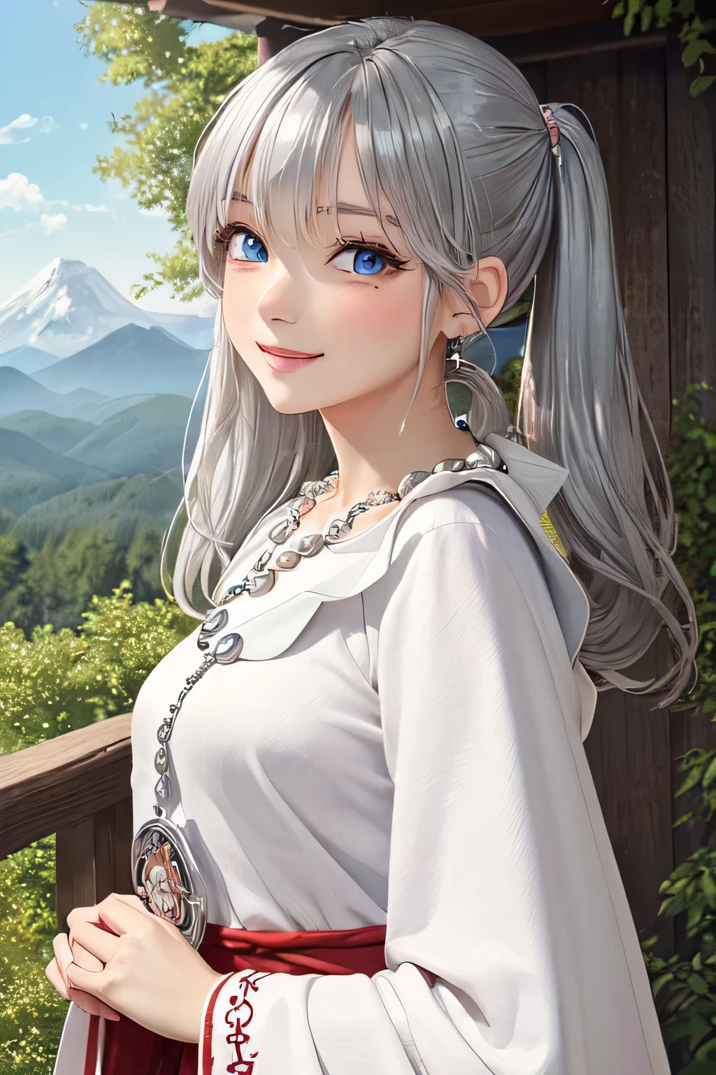 ((masterpiece)), ((highest quality)), (super detailed), ((cute)), cute, (Lovely), ((very detailed)), (fine eyes), (detailed facial features), (finger details), (Detailed clothing characteristics), 4K, (8K), (beautiful), figure, From the side, profile:1.3, forest, ((Mountain)), daytime, a cute girl, 1 girl, alone, Japanese, ((white mage clothes:1.3)), (mage dress:1.3), flat chest, (beautiful silver hair:1.3), ((beautiful hair)), (twin tails), (windblown hair:1.4), beautiful blue eyes, ((beautiful eyes)), (bib necklace:1.4), smile, blush, shiny