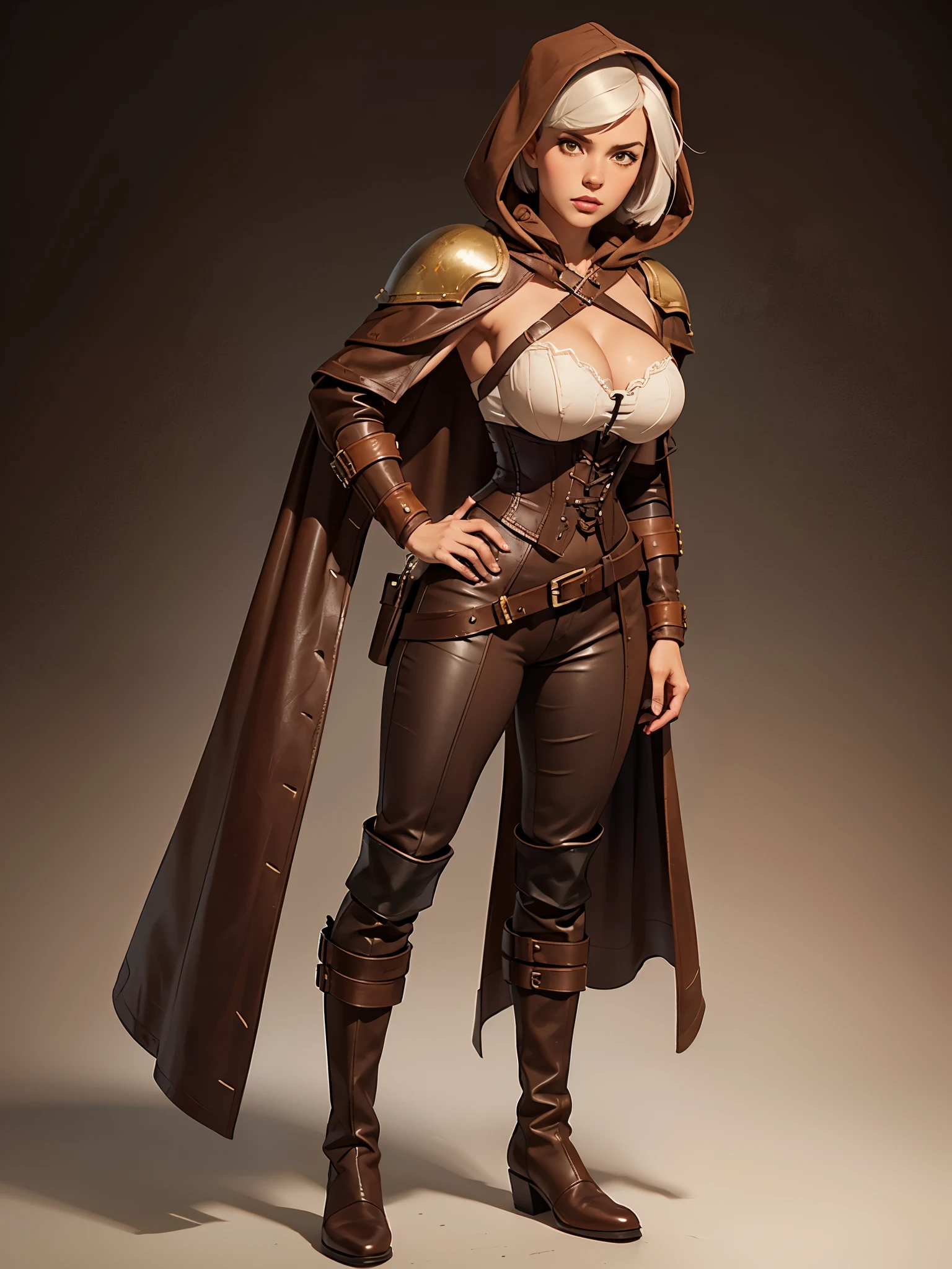one bimbo girl, solo, white hair, bob cut, full body, medieval, (brown cloak:1.2), (brown hood:1.2), leather boots, gradient sprayed background, front view, masterpiece, highly detailed, look at viewer, belts, shoulder-belts, (leather shoulder pads:1.2), leather bracers, bare hands, pants, exposed breasts, cleavage, corset