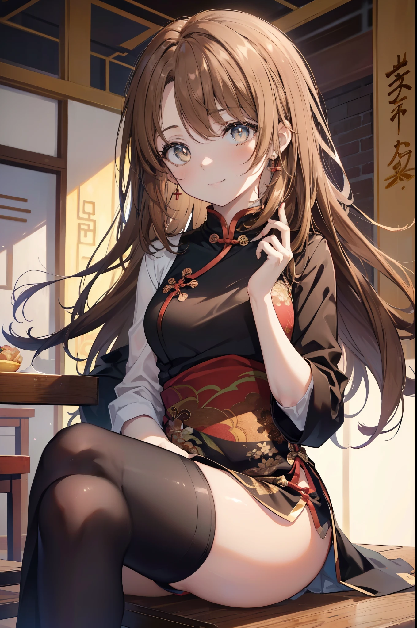 irohaisshiki, Isshiki Iroha, long hair, light brown hair, (brown eyes:1.5), blush,smile,Chinese service,cheongsam dress clothing,Slit skirt,black tights,stiletto heels,sitting cross-legged on a chair,There&#39;s a lot of food on the table,
break indoors, Chinese style restaurant,
break looking at viewer,
break (masterpiece:1.2), highest quality, High resolution, unity 8k wallpaper, (shape:0.8), (beautiful and detailed eyes:1.6), highly detailed face, perfect lighting, Very detailed CG, (perfect hands, perfect anatomy),