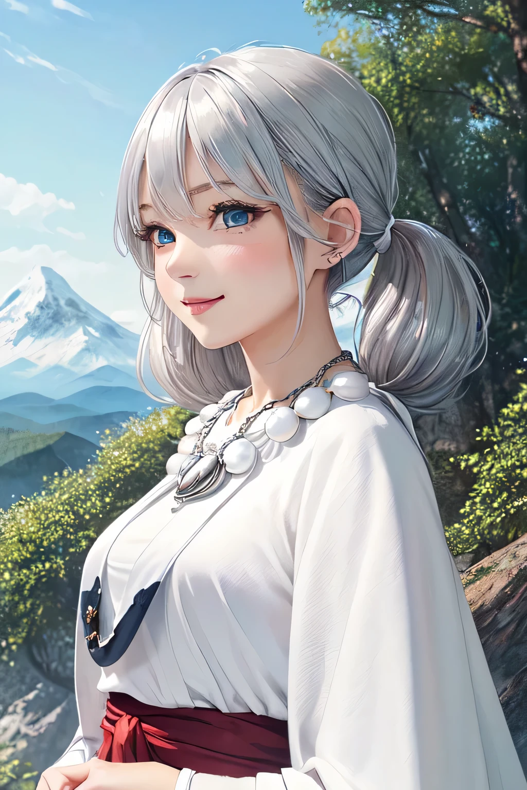 ((masterpiece)), ((highest quality)), (super detailed), ((cute)), cute, (Lovely), ((very detailed)), (fine eyes), (detailed facial features), (finger details), (Detailed clothing characteristics), 4K, (8K), (beautiful), figure, From the side, profile:1.3, forest, ((Mountain)), daytime, a cute girl, 1 girl, alone, Japanese, ((white mage clothes:1.3)), (mage dress:1.3), flat chest, (beautiful silver hair:1.3), ((beautiful hair)), (twin tails), (windblown hair:1.4), beautiful blue eyes, ((beautiful eyes)), (bib necklace:1.4), smile, blush, shiny