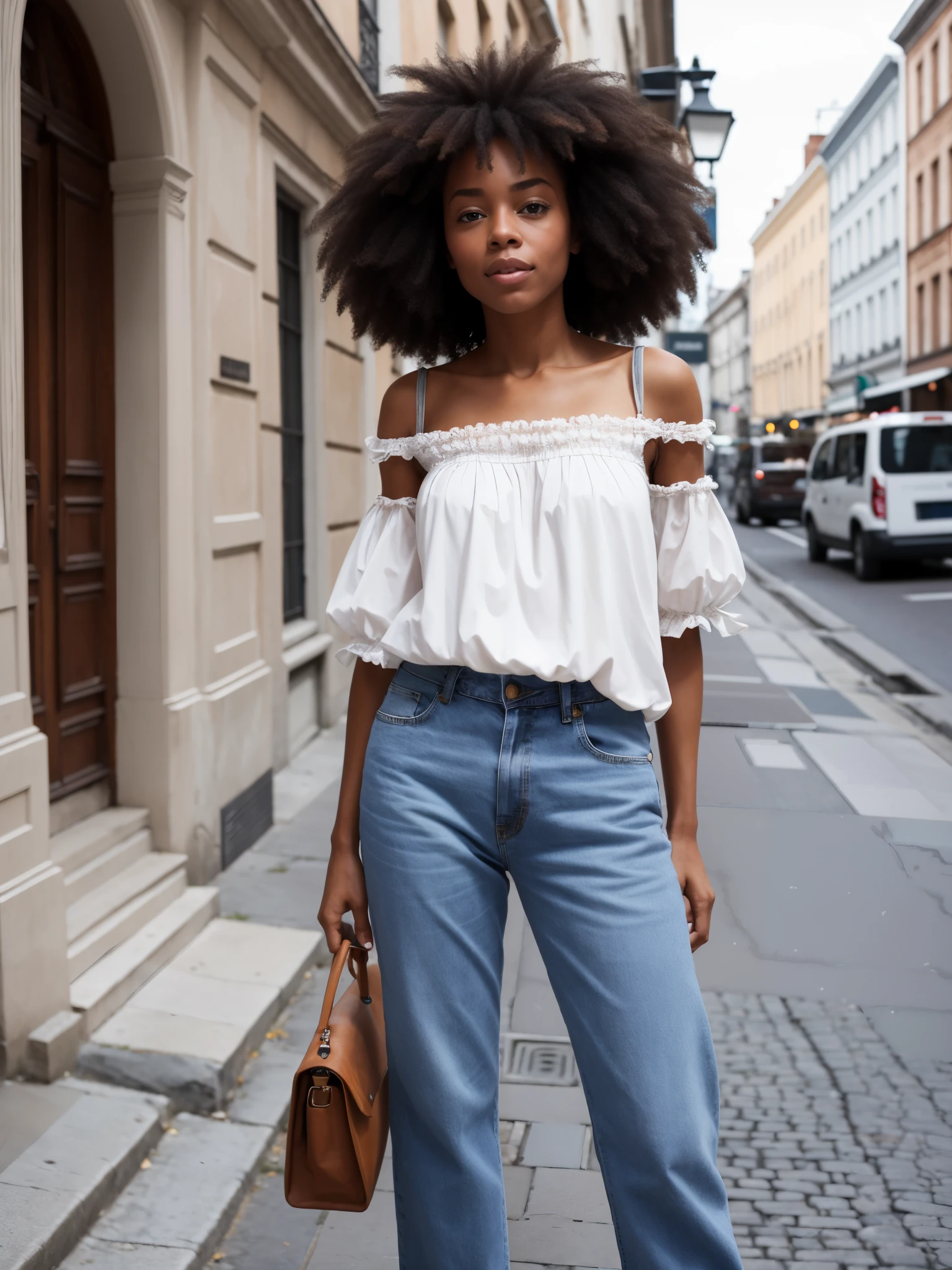 photo of a beautiful caucasian woman, Photorealistic Zazie, bonne afro, absurdes, chemise blanche, jeans, rue