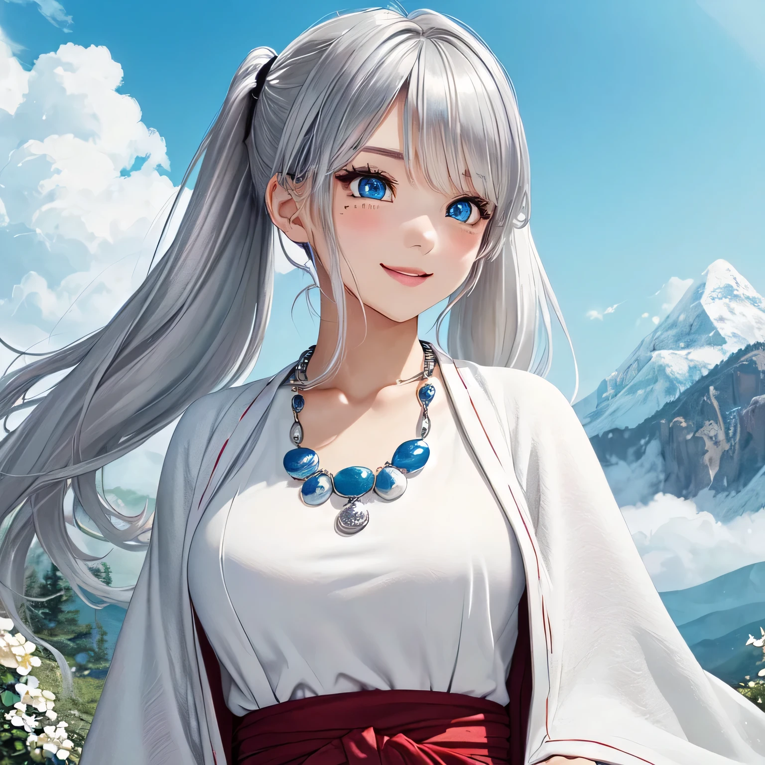 ((masterpiece)), ((highest quality)), (super detailed), ((cute)), cute, (Lovely), ((very detailed)), (fine eyes), (detailed facial features), (finger details), (Detailed clothing characteristics), 4K, (8K), (beautiful), figure, From the side, profile:1.3, forest, ((Mountain)), daytime, a cute girl, 1 girl, alone, Japanese, ((white mage clothes:1.3)), (mage dress:1.3), flat chest, (beautiful silver hair:1.3), ((beautiful hair)), (twin tails), (windblown hair:1.4), beautiful blue eyes, ((beautiful eyes)), (bib necklace:1.4), smile, blush, shiny