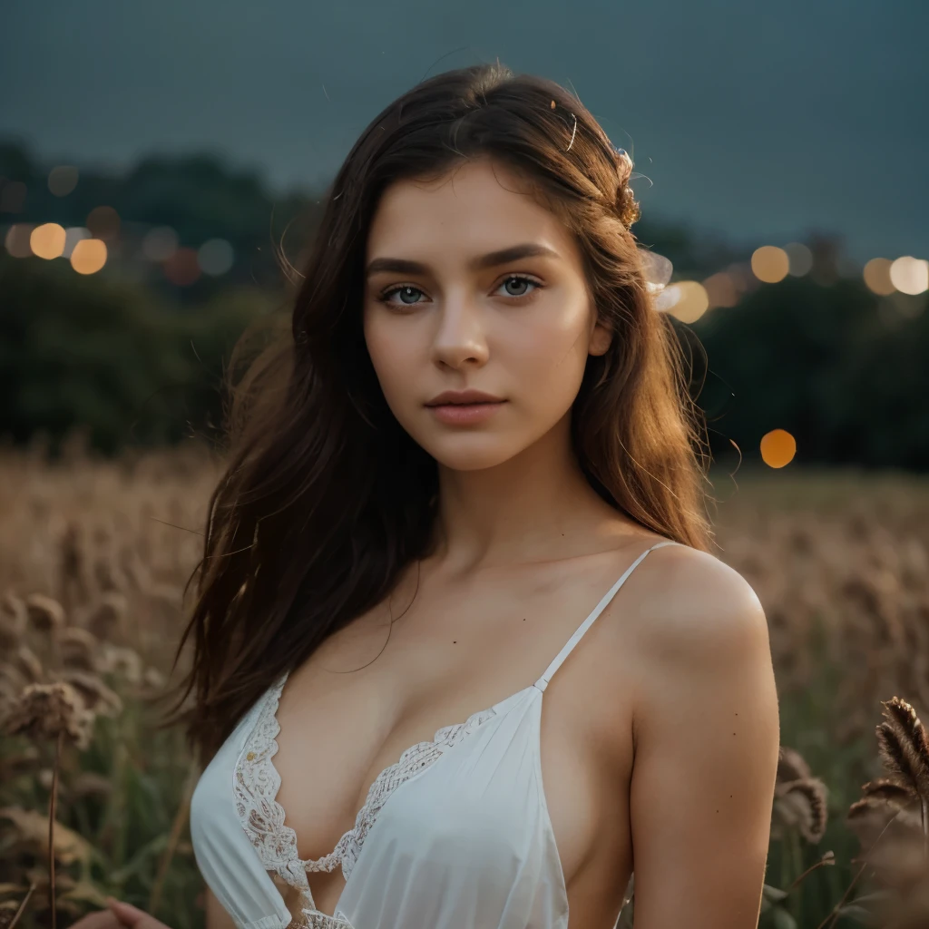 toplesss, Beautiful girl, Beautiful eyes, graceful fingers, natural makeup, in a dress made of plants, Colors, goes through a field of lights hyper-detailed, mystical light light