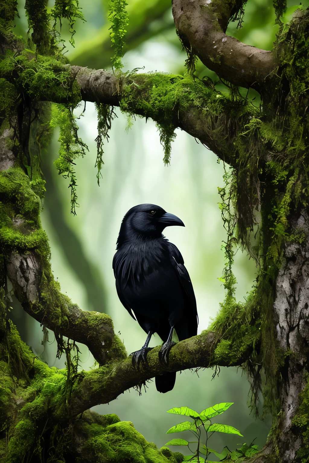 In the depths of an ancient and mysterious forest, where whispers of forgotten tales cling to the air, a solitary crow perches atop a weathered stone. The dense foliage of towering trees creates a natural canopy, casting dappled shadows upon the lush undergrowth. It is a scene straight out of a fantastical painting, where every detail is painstakingly captured - from the delicate flutter of the crow's ebony feathers to the intricate patterns etched upon the moss-covered stone. This enchanting tableau transports the viewer to a realm untouched by time, where nature's secrets are whispered only to those who listen closely.
