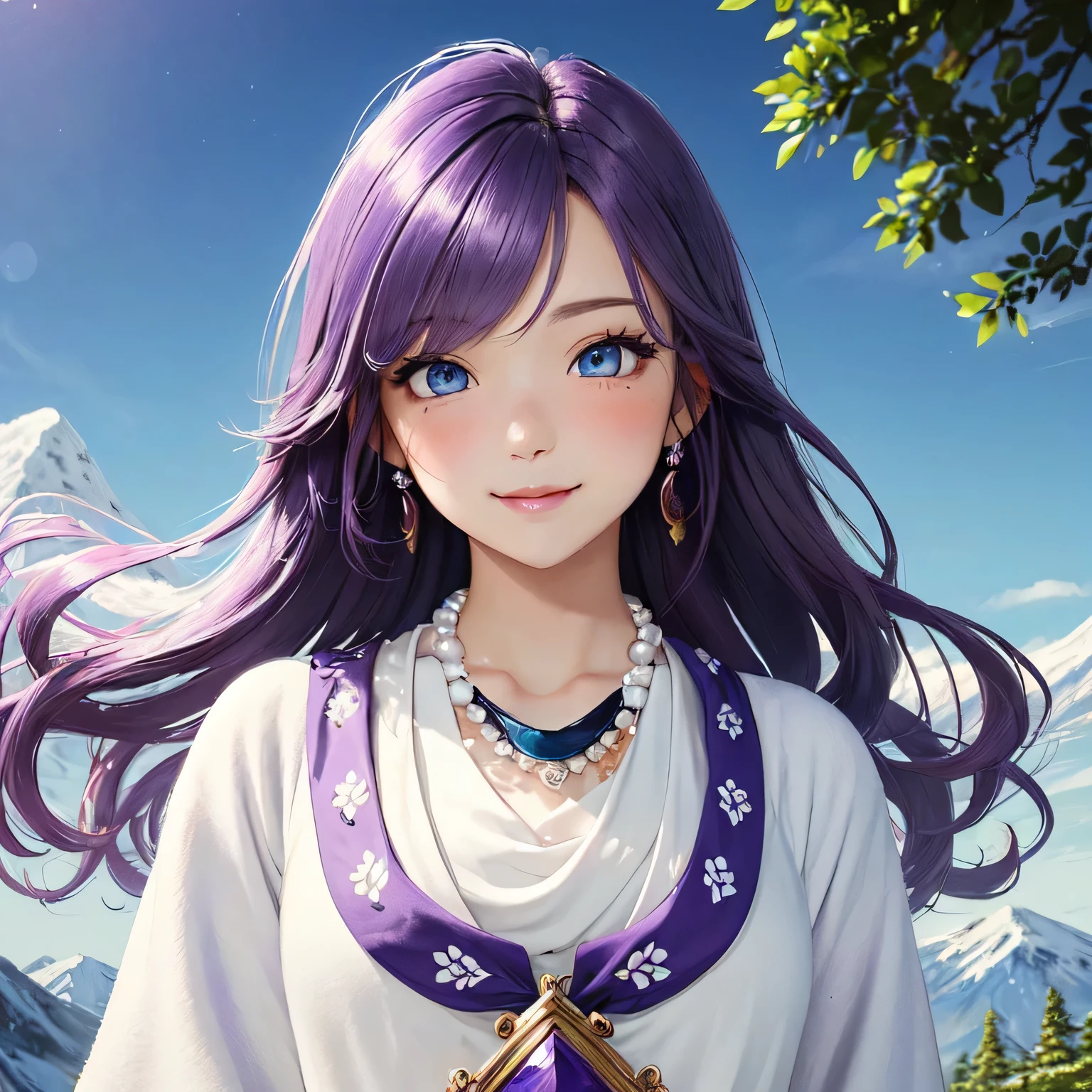 ((masterpiece)), ((highest quality)), (super detailed), ((cute)), cute, (Lovely), ((very detailed)), (fine eyes), (detailed facial features), (finger details), (Detailed clothing characteristics), 4K, (8K), (beautiful), figure, From the side, profile:1.3, forest, ((Mountain)), daytime, a cute girl, 1 girl, alone, Japanese, ((white mage clothes:1.3)), (mage dress:1.3), flat chest, (beautiful purple hair:1.3), ((beautiful hair)), (long hair), straight hair, (windblown hair:1.4), beautiful blue eyes, ((beautiful eyes)), (bib necklace:1.4), smile, blush, shiny