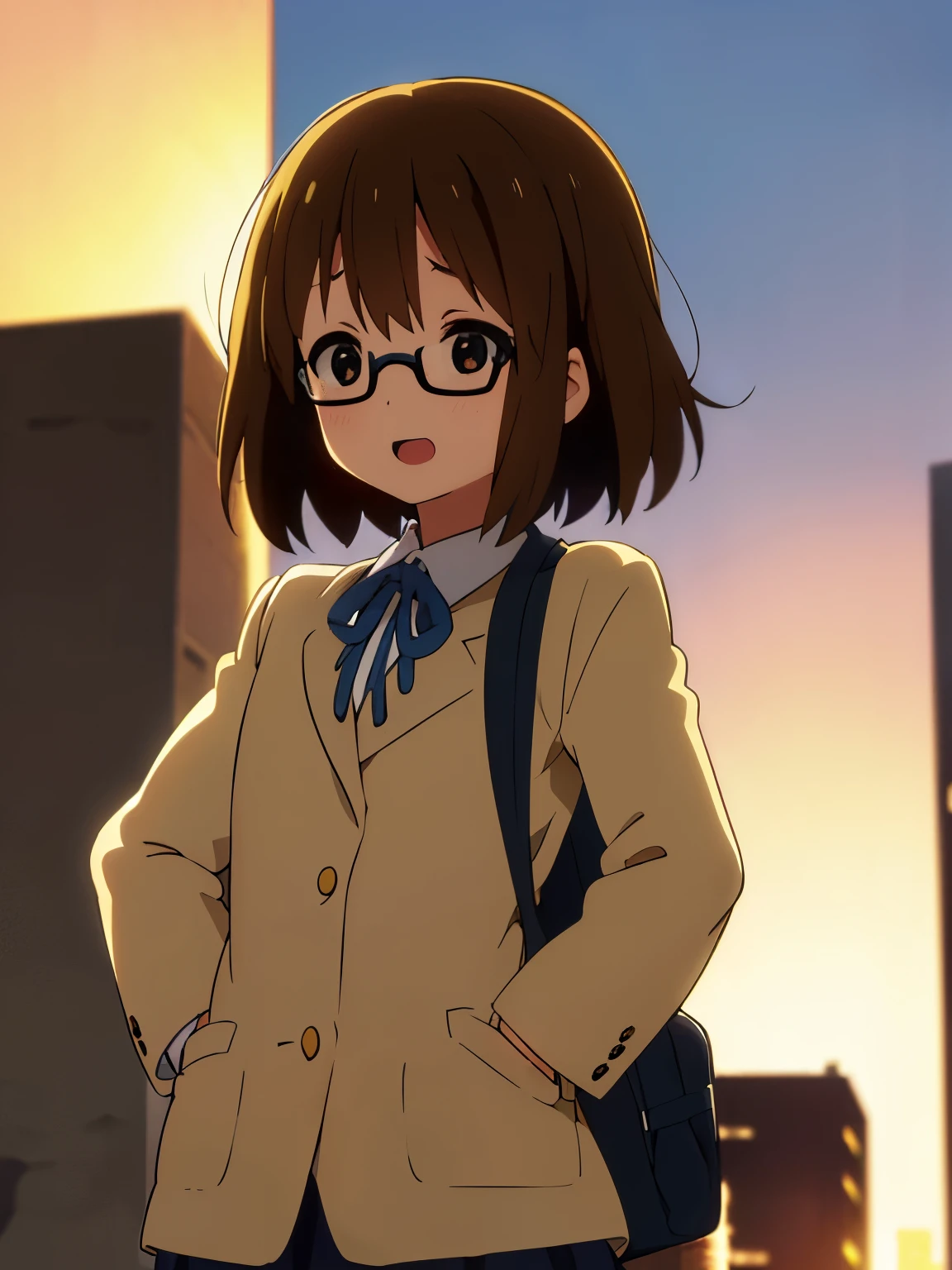 1girl, (((masterpiece))), top-quality, top-quality, High Details, Hirasawa Yui, 1girl, Sakuragaoka High School Uniform, student clothes, two yellow hairpin, short hair, A brown-haired, brown-eyed, glasses, 独奏, reddish, Dark blue blazer with thin blue ribbon, Solid white buttoned shirt under blazer, read a book, illustratio, comic strip, soothing tones, Subdued Color, Soft cinematic light, adobe lightroom, photolab, HDR, intricately and hyper-detailed、(((depth of fields))))。(((masterpiece)))。(((top-quality))).)((ultra-detailliert)))。(((illustratio)))。(((takeout))).dynamic focus.big breasts.(((Skyscrapers))).(((A city scape))).(((Face of happiness))). open mouth.(((put hands on the hip))).(((up chest))).((afternoon glow)).((the setting sun)).