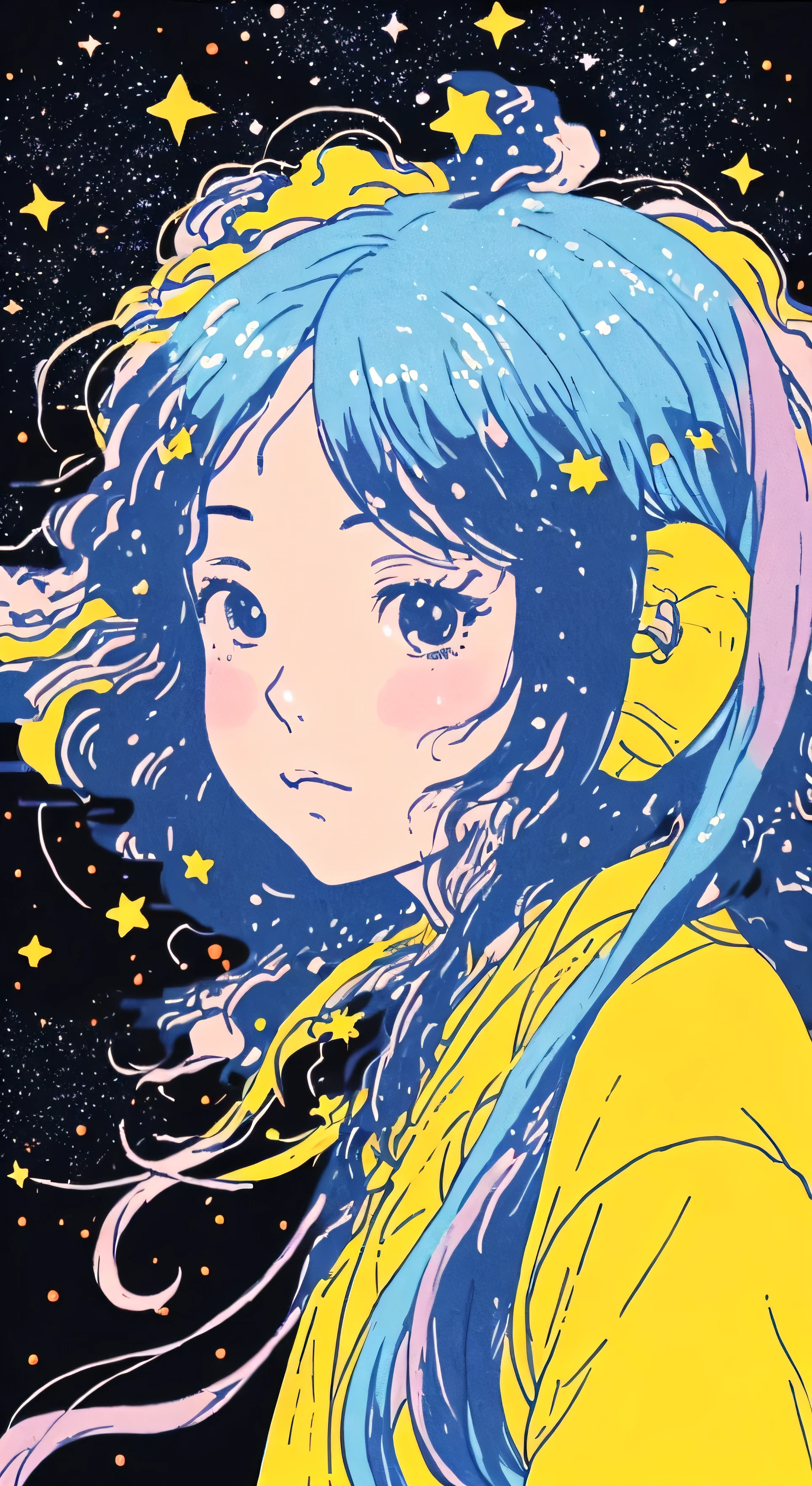a close up of a person with a long hair and a yellow shirt, anime girl with cosmic hair, lofi girl, girl in space, cosmic girl, lofi artstyle, lofi art, her hair is the milky way, dreamy illustration, lofi girl aesthetic, dreamy psychedelic anime, lo-fi illustration style, satoshi kon artstyle, starry eyes