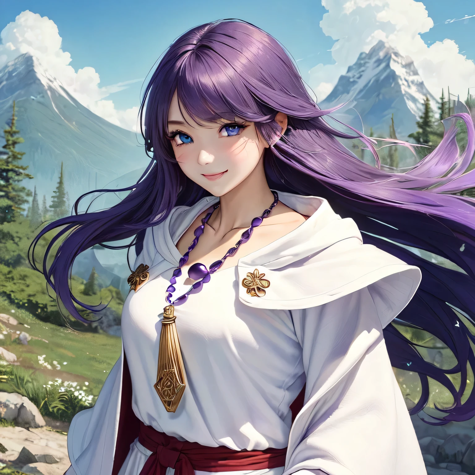 ((masterpiece)), ((highest quality)), (super detailed), ((cute)), cute, (Lovely), ((very detailed)), (fine eyes), (detailed facial features), (finger details), (Detailed clothing characteristics), 4K, (8K), (beautiful), figure, From the side, profile:1.3, forest, ((Mountain)), daytime, a cute girl, 1 girl, alone, Japanese, ((white mage clothes:1.3)), (mage dress:1.3), flat chest, (beautiful purple hair:1.3), ((beautiful hair)), (long hair), straight hair, (windblown hair:1.4), beautiful blue eyes, ((beautiful eyes)), (bib necklace:1.4), smile, blush, shiny