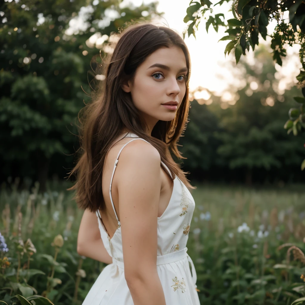 toplesss, Beautiful girl, Beautiful eyes,Heterochromia, graceful fingers, natural makeup, in a dress made of plants, Colors, goes through a field of lights, back view, Hyper detail, mystical light light