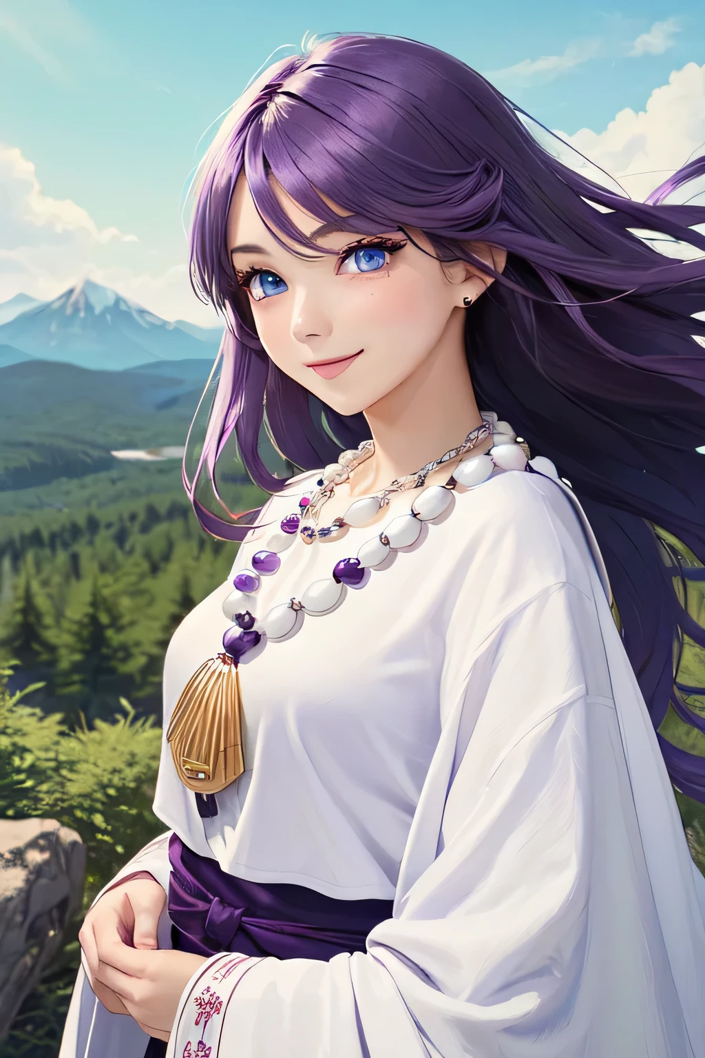 ((masterpiece)), ((highest quality)), (super detailed), ((cute)), cute, (Lovely), ((very detailed)), (fine eyes), (detailed facial features), (finger details), (Detailed clothing characteristics), 4K, (8K), (beautiful), figure, From the side, profile:1.3, forest, ((Mountain)), daytime, a cute girl, 1 girl, alone, Japanese, ((white mage clothes:1.3)), (mage dress:1.3), flat chest, (beautiful purple hair:1.3), ((beautiful hair)), (long hair), straight hair, (windblown hair:1.4), beautiful blue eyes, ((beautiful eyes)), (bib necklace:1.4), smile, blush, shiny