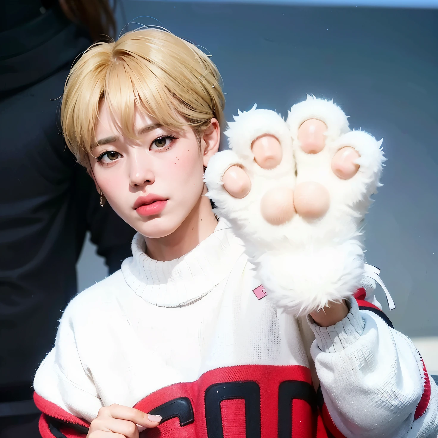 a close up of a person with a cat paw on their hand, park jimin, jimin, accurate jimin face, jimin\'s plump lips, jimin\'s right eyelid swollen, kim doyoung, jimin\'s grecian nose, holding paws, jung jaehyun, jossi of blackpink, hands that are fox - paws, showing his paws to viewer