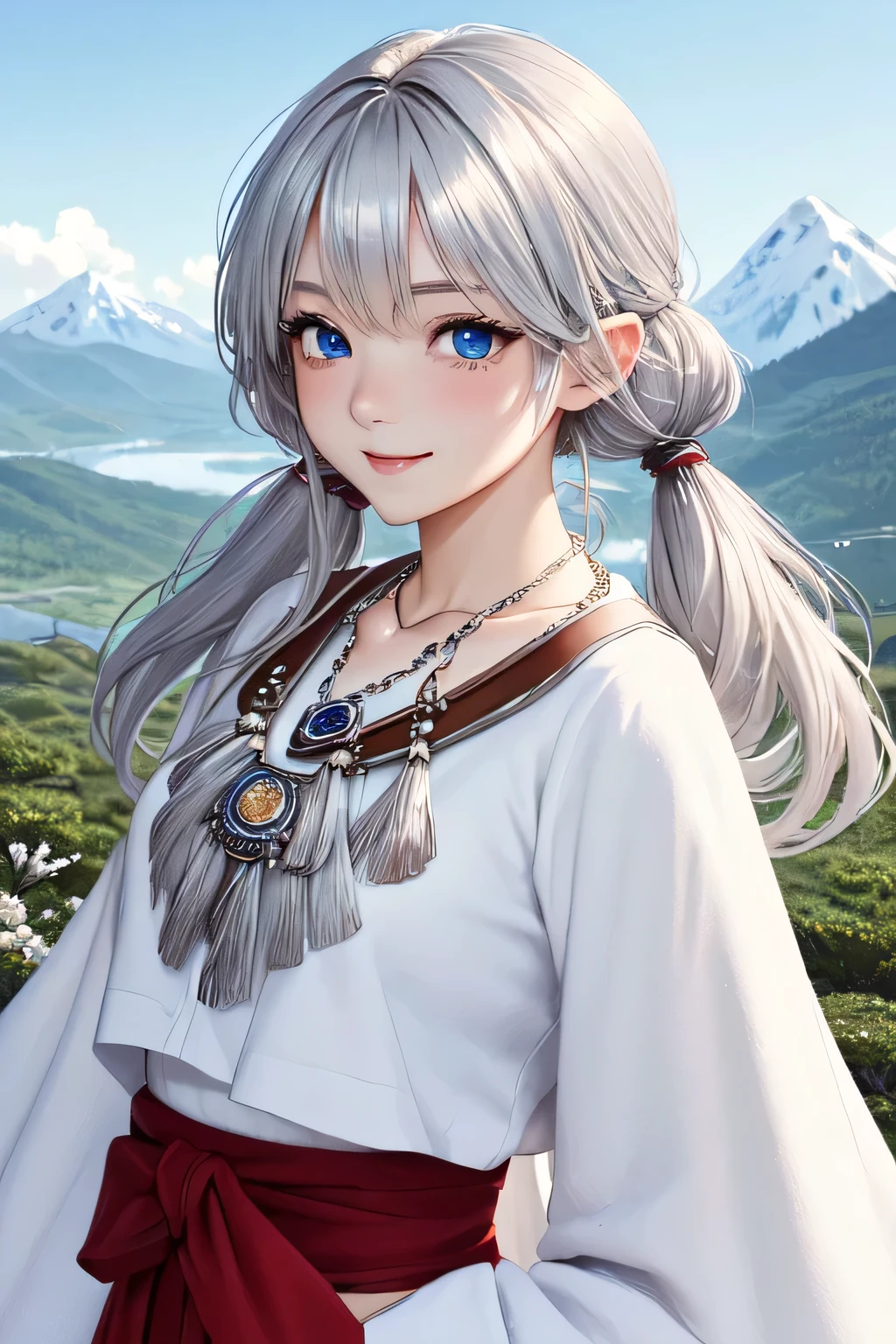 ((masterpiece)), ((highest quality)), (super detailed), ((cute)), cute, (Lovely), ((very detailed)), (fine eyes), (detailed facial features), (finger details), (Detailed clothing characteristics), 4K, (8K), (beautiful), figure, From the side, profile:1.3, forest, ((Mountain)), daytime, a cute girl, 1 girl, alone, Japanese, ((white mage clothes:1.3)), (mage dress:1.3), flat chest, (beautiful silver hair:1.3), ((beautiful hair)), (twin tails), (windblown hair:1.4), beautiful blue eyes, ((beautiful eyes)), (bib necklace:1.4), smile, blush, shiny