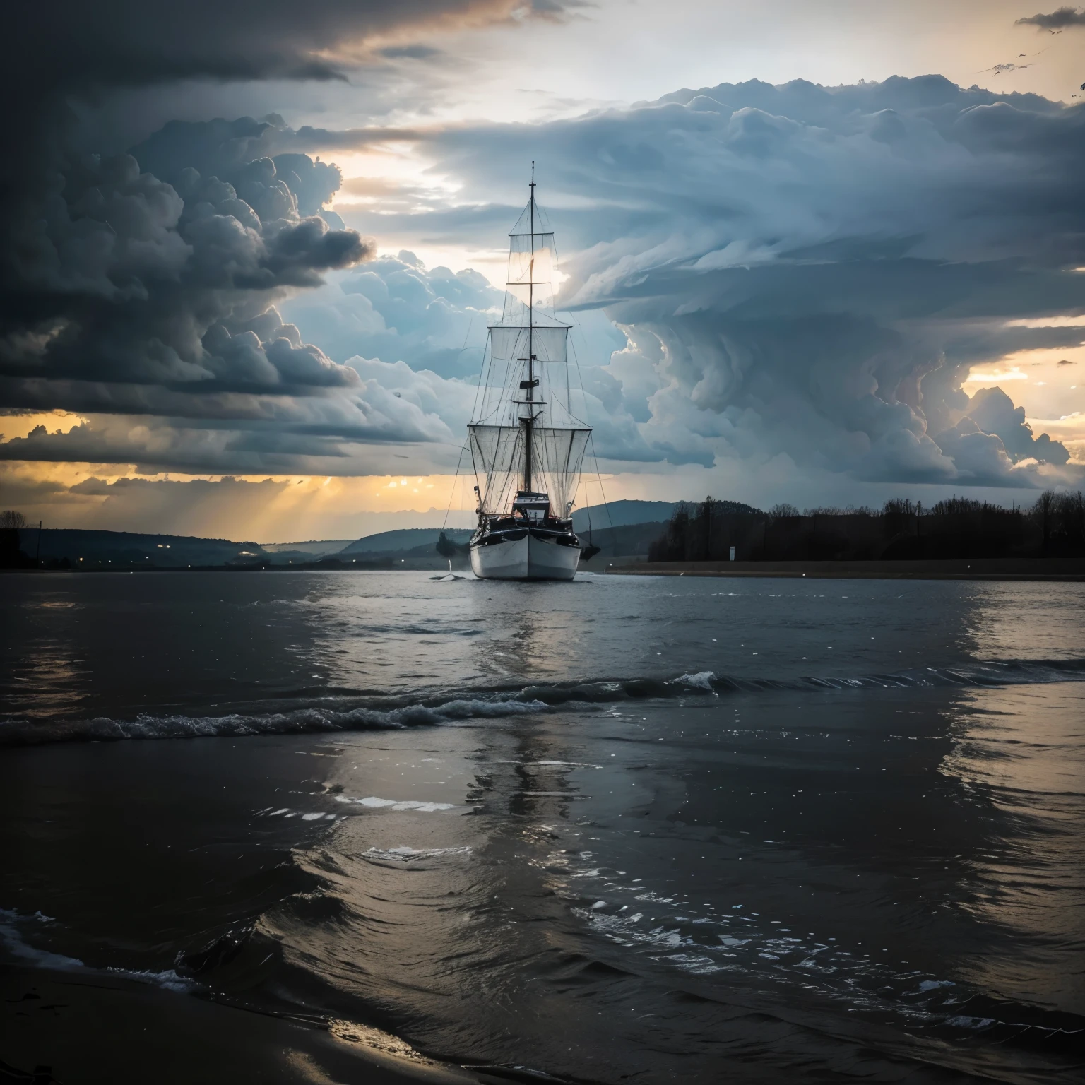 Un lac avec des campeurs sous une tempête de pluie dans un style réaliste 