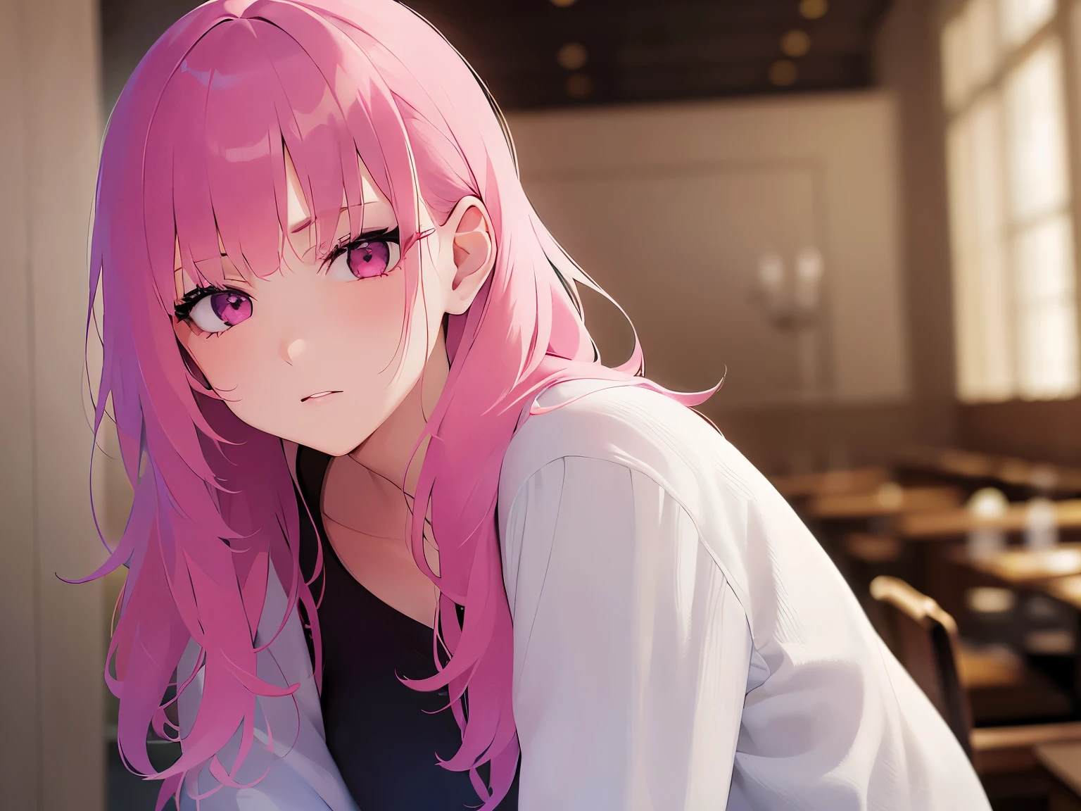 Upper body is shown、glamorous, Realistic, real person, RAW photo, photorealistic, portrait photography, shiny skin, japanese idol、pink hair、Wavy medium hair with bangs、20 year old woman with pink eyes、Wearing a white long-sleeved V-neck cut-and-sew shirt、glaring、look of despair、The background is a restaurant、Alone