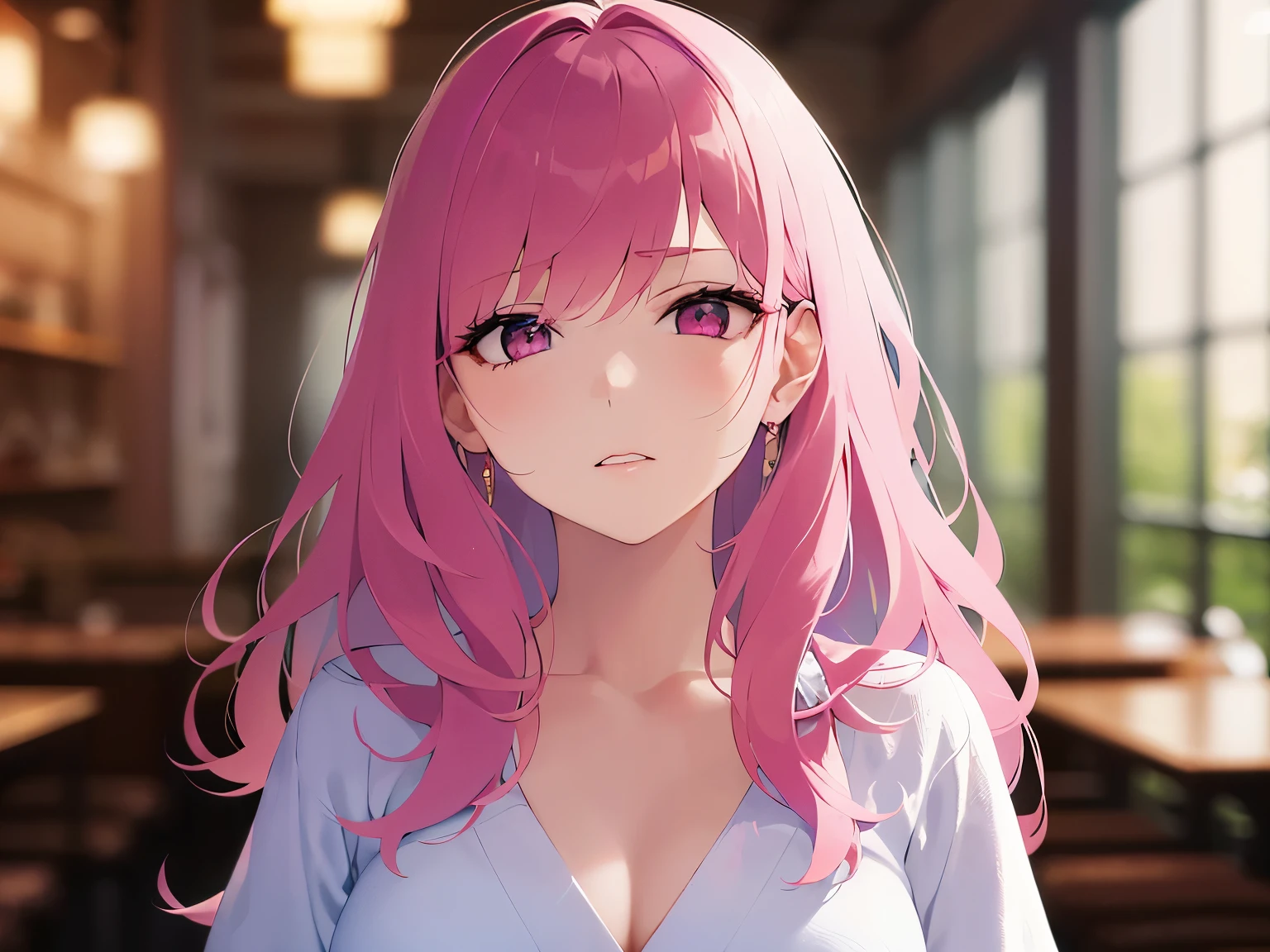 Upper body is shown、glamorous, Realistic, real person, RAW photo, photorealistic, portrait photography, shiny skin, japanese idol、pink hair、Wavy medium hair with bangs、20 year old woman with pink eyes、Wearing a white long-sleeved V-neck cut-and-sew shirt、glaring、look of despair、The background is a restaurant、Alone
