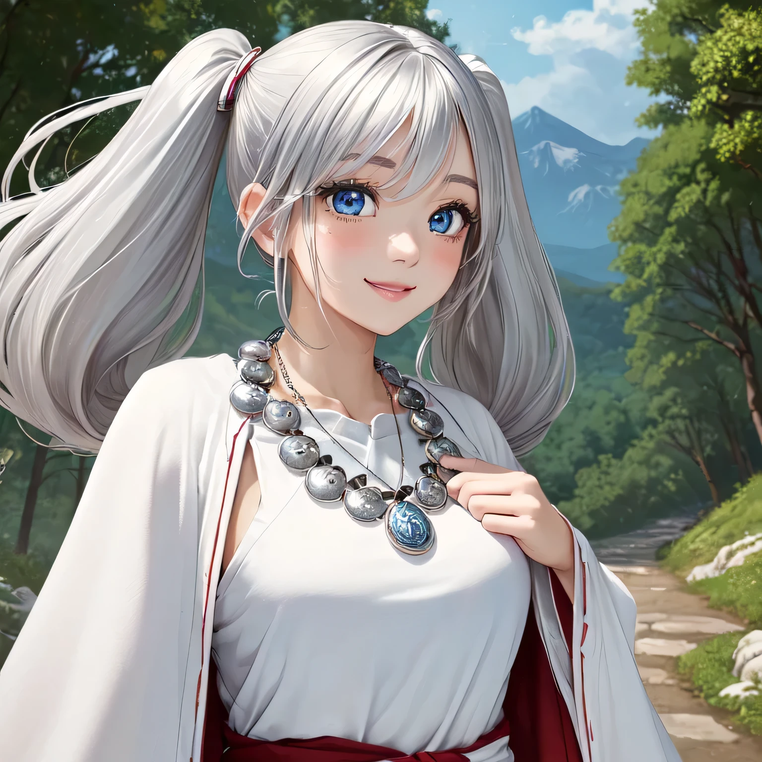((masterpiece)), ((highest quality)), (super detailed), ((cute)), cute, (Lovely), ((very detailed)), (fine eyes), (detailed facial features), (finger details), (Detailed clothing characteristics), 4K, (8K), (beautiful), figure, From the side, profile:1.3, forest, ((Mountain)), daytime, a cute girl, 1 girl, alone, Japanese, ((white mage clothes:1.3)), (mage dress:1.3), flat chest, (beautiful silver hair:1.3), ((beautiful hair)), (twin tails), (windblown hair:1.4), beautiful blue eyes, ((beautiful eyes)), (bib necklace:1.4), smile, blush, shiny
