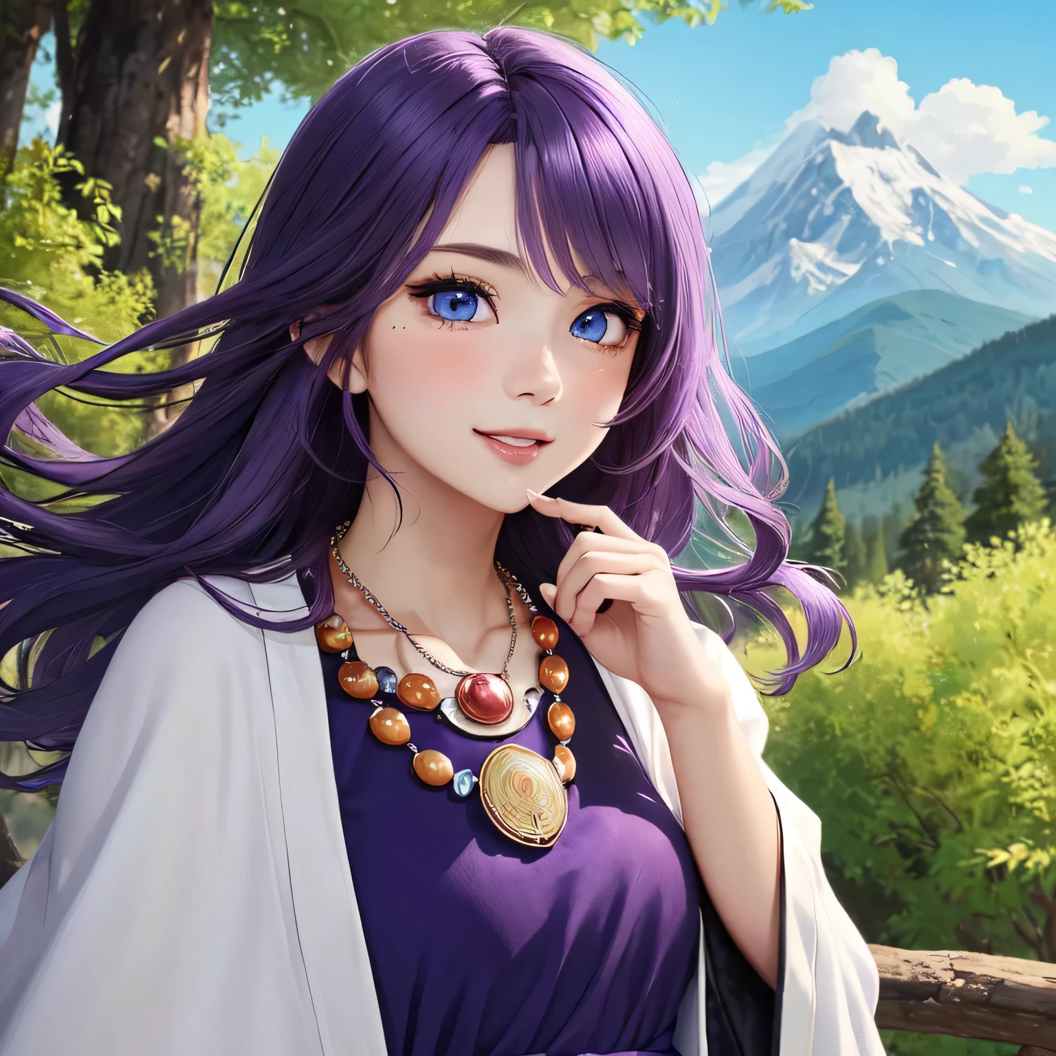 ((masterpiece)), ((highest quality)), (super detailed), ((cute)), cute, (Lovely), ((very detailed)), (fine eyes), (detailed facial features), (finger details), (Detailed clothing characteristics), 4K, (8K), (beautiful), figure, From the side, profile:1.3, forest, ((Mountain)), daytime, a cute girl, 1 girl, alone, Japanese, ((Mage clothes:1.3)), (mage dress:1.3), flat chest, (beautiful purple hair:1.3), ((beautiful hair)), (long hair), straight hair, (windblown hair:1.4), beautiful blue eyes, ((beautiful eyes)), (bib necklace:1.4), smile, blush, shiny