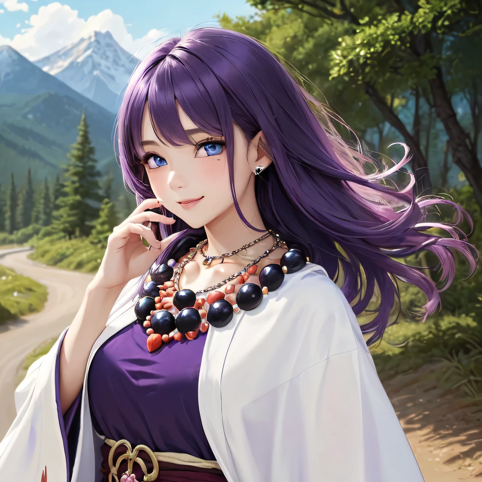 ((masterpiece)), ((highest quality)), (super detailed), ((cute)), cute, (Lovely), ((very detailed)), (fine eyes), (detailed facial features), (finger details), (Detailed clothing characteristics), 4K, (8K), (beautiful), figure, From the side, profile:1.3, forest, ((Mountain)), daytime, a cute girl, 1 girl, alone, Japanese, ((Mage clothes:1.3)), (mage dress:1.3), flat chest, (beautiful purple hair:1.3), ((beautiful hair)), (long hair), straight hair, (windblown hair:1.4), beautiful blue eyes, ((beautiful eyes)), (bib necklace:1.4), smile, blush, shiny