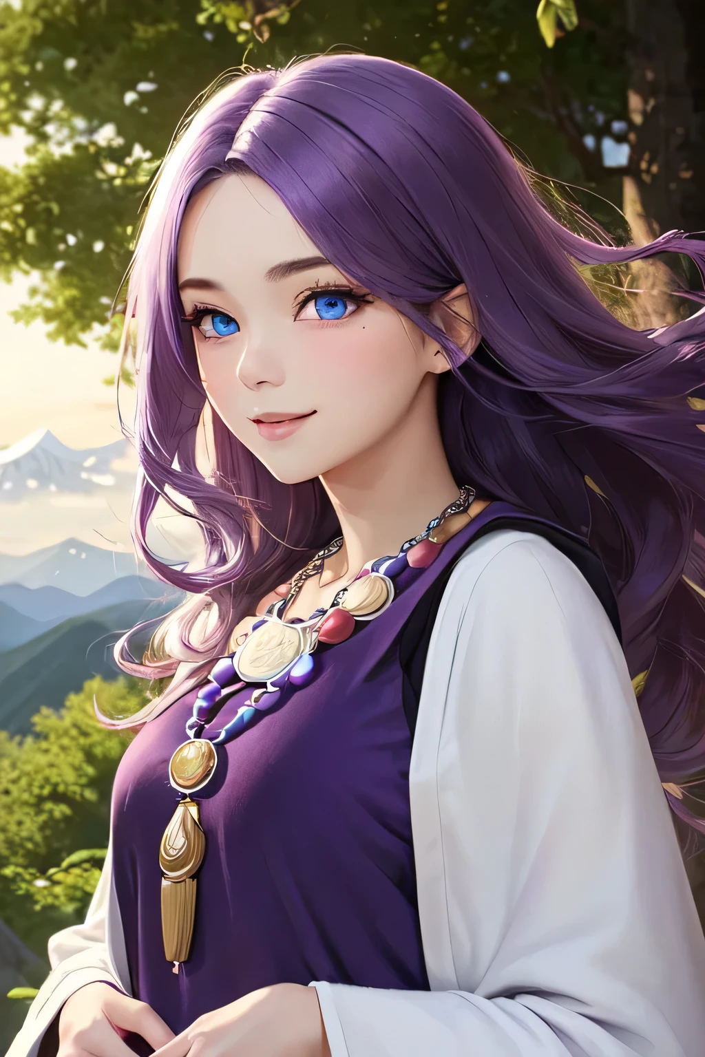((masterpiece)), ((highest quality)), (super detailed), ((cute)), cute, (Lovely), ((very detailed)), (fine eyes), (detailed facial features), (finger details), (Detailed clothing characteristics), 4K, (8K), (beautiful), figure, From the side, profile:1.3, forest, ((Mountain)), daytime, a cute girl, 1 girl, alone, Japanese, ((Mage clothes:1.3)), (mage dress:1.3), flat chest, (beautiful purple hair:1.3), ((beautiful hair)), (long hair), straight hair, (windblown hair:1.4), beautiful blue eyes, ((beautiful eyes)), (bib necklace:1.4), smile, blush, shiny