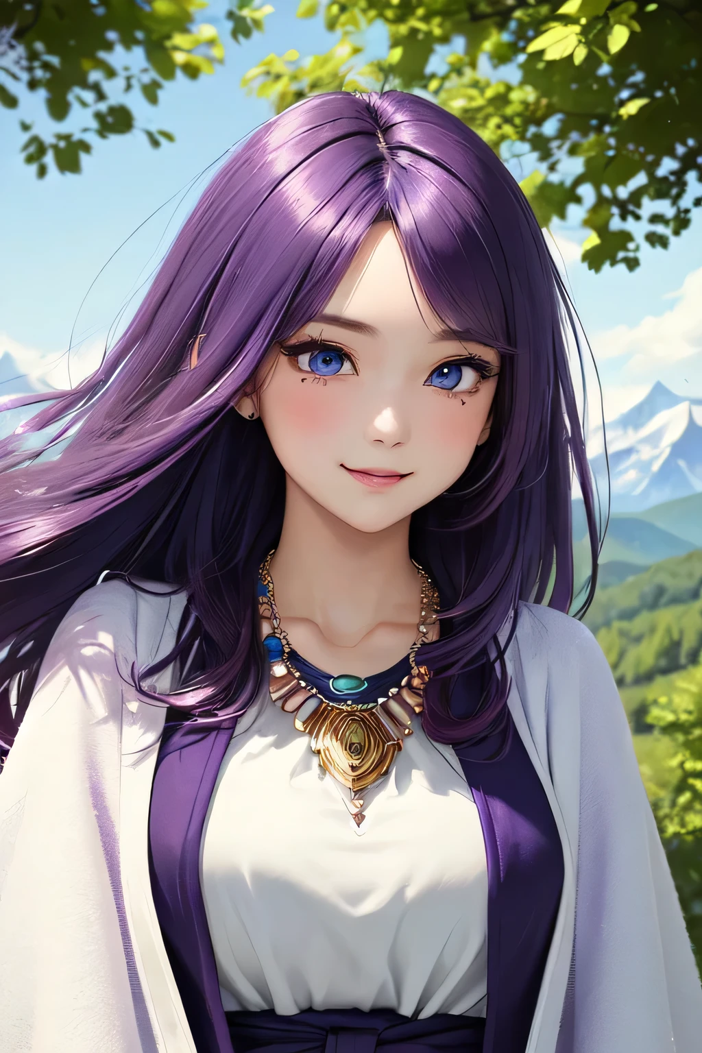 ((masterpiece)), ((highest quality)), (super detailed), ((cute)), cute, (Lovely), ((very detailed)), (fine eyes), (detailed facial features), (finger details), (Detailed clothing characteristics), 4K, (8K), (beautiful), figure, From the side, profile:1.3, forest, ((Mountain)), daytime, a cute girl, 1 girl, alone, Japanese, ((Mage clothes:1.3)), (mage dress:1.3), flat chest, (beautiful purple hair:1.3), ((beautiful hair)), (long hair), straight hair, (windblown hair:1.4), beautiful blue eyes, ((beautiful eyes)), (bib necklace:1.4), smile, blush, shiny