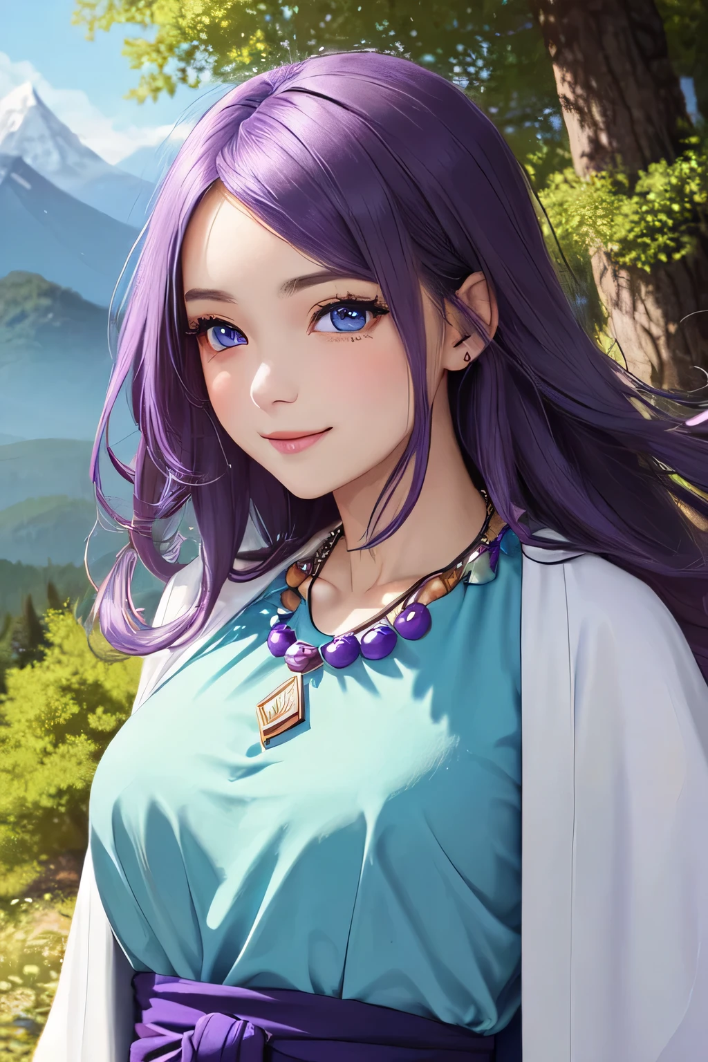 ((masterpiece)), ((highest quality)), (super detailed), ((cute)), cute, (Lovely), ((very detailed)), (fine eyes), (detailed facial features), (finger details), (Detailed clothing characteristics), 4K, (8K), (beautiful), figure, From the side, profile:1.3, forest, ((Mountain)), daytime, a cute girl, 1 girl, alone, Japanese, ((Mage clothes:1.3)), (mage dress:1.3), flat chest, (beautiful purple hair:1.3), ((beautiful hair)), (long hair), straight hair, (windblown hair:1.4), beautiful blue eyes, ((beautiful eyes)), (bib necklace:1.4), smile, blush, shiny