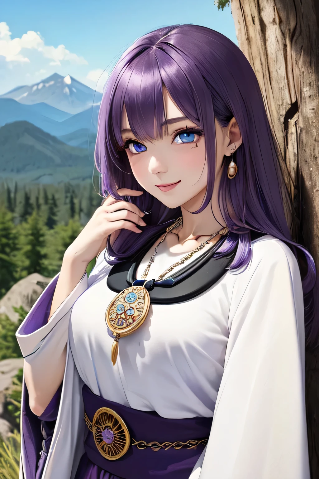 ((masterpiece)), ((highest quality)), (super detailed), ((cute)), cute, (Lovely), ((very detailed)), (fine eyes), (detailed facial features), (finger details), (Detailed clothing characteristics), 4K, (8K), (beautiful), figure, From the side, profile:1.3, forest, ((Mountain)), daytime, a cute girl, 1 girl, alone, Japanese, ((Mage clothes:1.3)), (mage dress:1.3), flat chest, (beautiful purple hair:1.3), ((beautiful hair)), (long hair), straight hair, (windblown hair:1.4), beautiful blue eyes, ((beautiful eyes)), (bib necklace:1.4), smile, blush, shiny