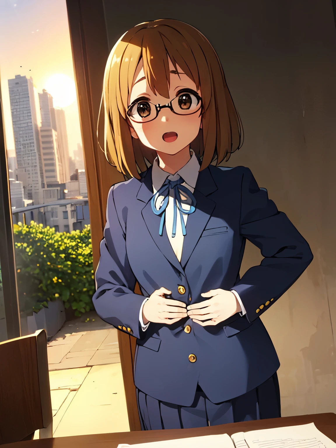 1girl, (((masterpiece))), top-quality, top-quality, High Details, Hirasawa Yui, 1girl, Sakuragaoka High School Uniform, student clothes, two yellow hairpin, short hair, A brown-haired, brown-eyed, glasses, 独奏, reddish, Dark blue blazer with thin blue ribbon, Solid white buttoned shirt under blazer, read a book, illustratio, comic strip, soothing tones, Subdued Color, Soft cinematic light, adobe lightroom, photolab, HDR, intricately and hyper-detailed、(((depth of fields))))。(((masterpiece)))。(((top-quality))).)((ultra-detailliert)))。(((illustratio)))。(((takeout))).dynamic focus.big breasts.(((Skyscrapers))).(((A city scape))).(((Face of happiness))). open mouth.(((put hands on the hip))).(((up chest))).((afternoon glow)).((the setting sun)).