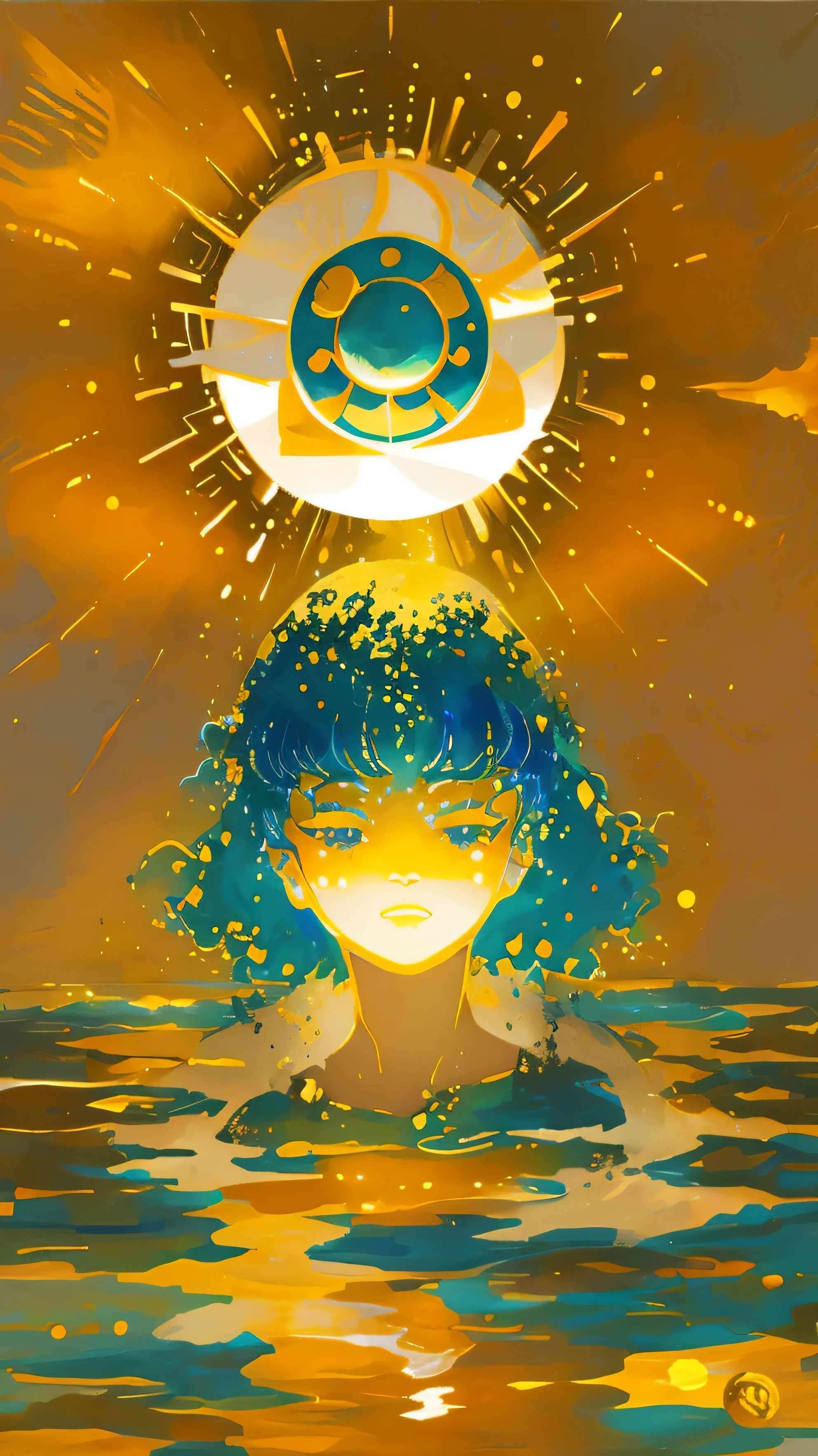 a close up of a person in the water with a sun above them, the girl and the sun, glowing yellow face, inspired by Yoshio Markino, inspired by Philippe Druillet, as the goddess of the sun, omori, melting sun, goddess of the sun, by Yoshio Markino, yellow aura, kazuo umezu artwork, official artwork