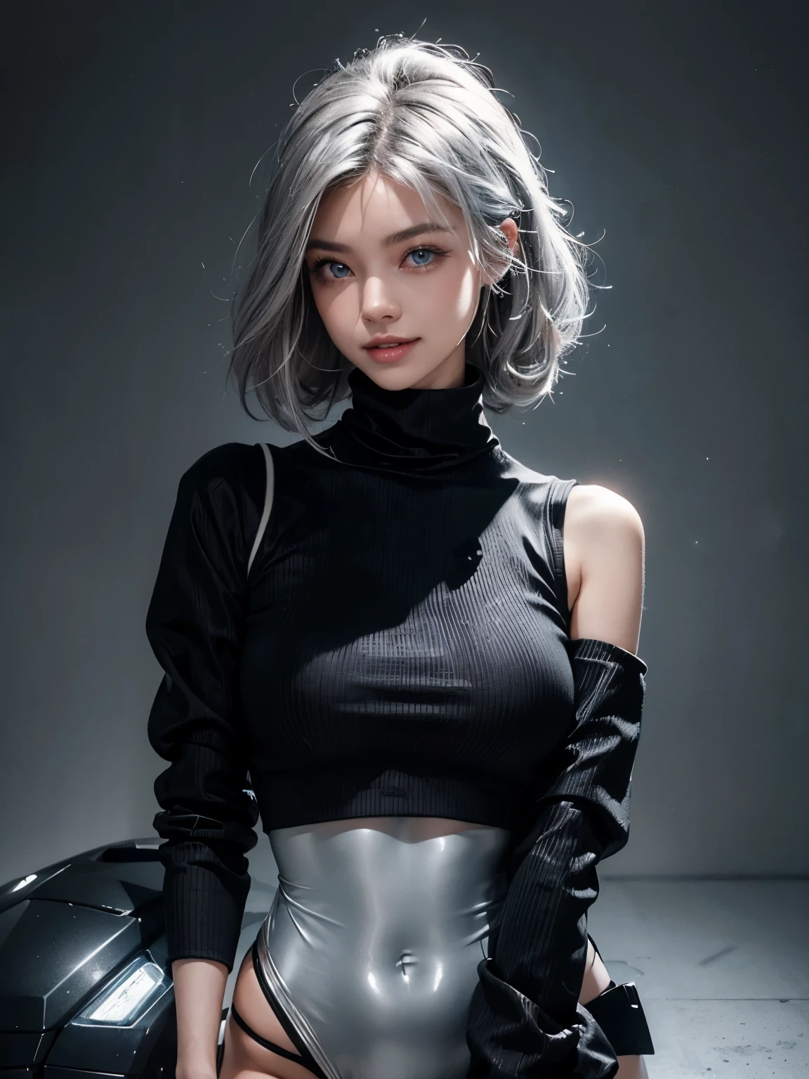 (Realistic:1.2), (fashion portrait:1.6), (brand collection, fashion brand theme:1.6), (detailed, beautiful, masterpiece, best quality:1.2), _ BREAK (1girl:1.2), 22 years old, 160 cm, Japanese cute model, Tightened all body, medium Breasts, small head, small face, diamond Face, small nose, Sharp Faceline, Detailed face, Detailed eyes, young hands and fingers, beautiful hands and fingers, five fingers, _ BREAK (happy, smile, Glossy Lips:1.3), (Light color lips, Half open mouth, beautiful Teeth:1.2), (dropy eyes, Double eyelid, light color eyes, Shiny eyes:1.5), Shiny skin, _ BREAK (arranged hairstyle:1.4), (gray hair, shiny hair, _ BREAK (gray background:1.4), mist, fog _ BREAK (wide angle:1.4), (standing, fashion model pose:1.2), focus face, from below, BREAK (Cyberpunk and wool fusion:1.3), ((wear an oversized black wool turtleneck with rubberized surface) for a luxurious, futuristic, bodysuit, High legs, nylon, and Breaker feel:1.2), (large sleeves:1.2), (7/8 length:1.2), (simple yet cyberpunk-themed design:1.3), BREAK (black and White theme:1.3), (Low rise pants with a black subtle reflective pattern:1.2), (Wear a Low rise long skirt on top:1.4), (Thick sole technical High Sneaker with sleek metal details:1.2), (edgy and versatile:1.2),(Long drooping silver earrings:1.2),