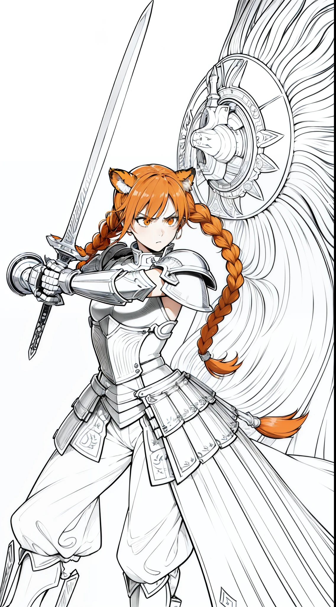 1girl,20 years old,mature female,tiger ears,long hair,(twin braids),(orange hair),templar knight armor,(white background,line drawing),angry,perfil,from side,looking away,attacking with a sword