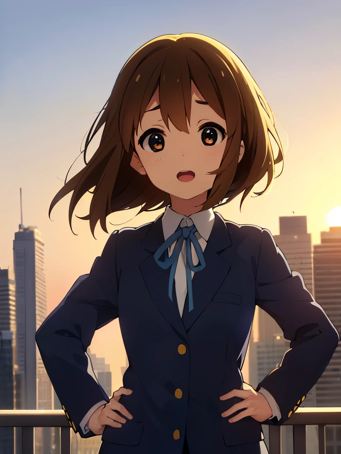 1girl, (((​masterpiece))), top-quality, top-quality, High Details, Hirasawa Yui, 1girl, Sakuragaoka High School Uniform, student clothes, two yellow hairpin, short hair, A brown-haired, brown-eyed, glasses, 独奏, reddish, Dark blue blazer with thin blue ribbon, Solid white buttoned shirt under blazer, read a book, illustratio, comic strip, soothing tones, Subdued Color, Soft cinematic light, adobe lightroom, photolab, HDR, intricately and hyper-detailed、(((depth of fields))))。(((​masterpiece)))。(((top-quality))).)((ultra-detailliert)))。(((illustratio)))。(((takeout))).dynamic focus.big breasts.(((Skyscrapers))).(((A city scape))).(((Face of happiness))). open mouth.(((put hands on the hip))).(((up chest))).((afternoon glow)).((the setting sun)).