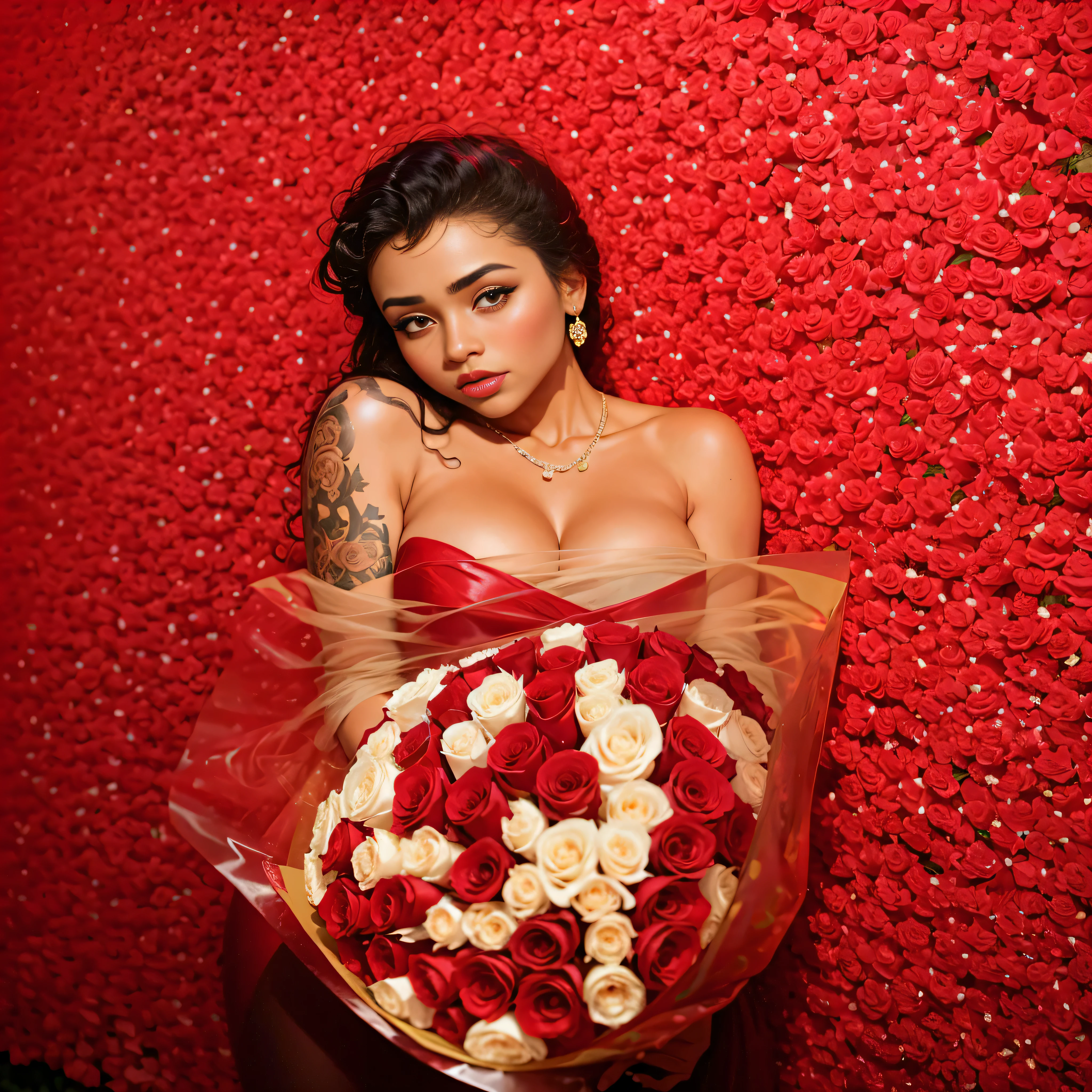 there is a woman holding a bouquet of roses in front of a wall of roses, red roses, laying on roses, roses, roses in her hair, queen of flowers, celestial red flowers vibe, album art, ashy, holding flowers, doja cat, red neon roses, official artwork, in red background, with flowers, she is the queen of black roses