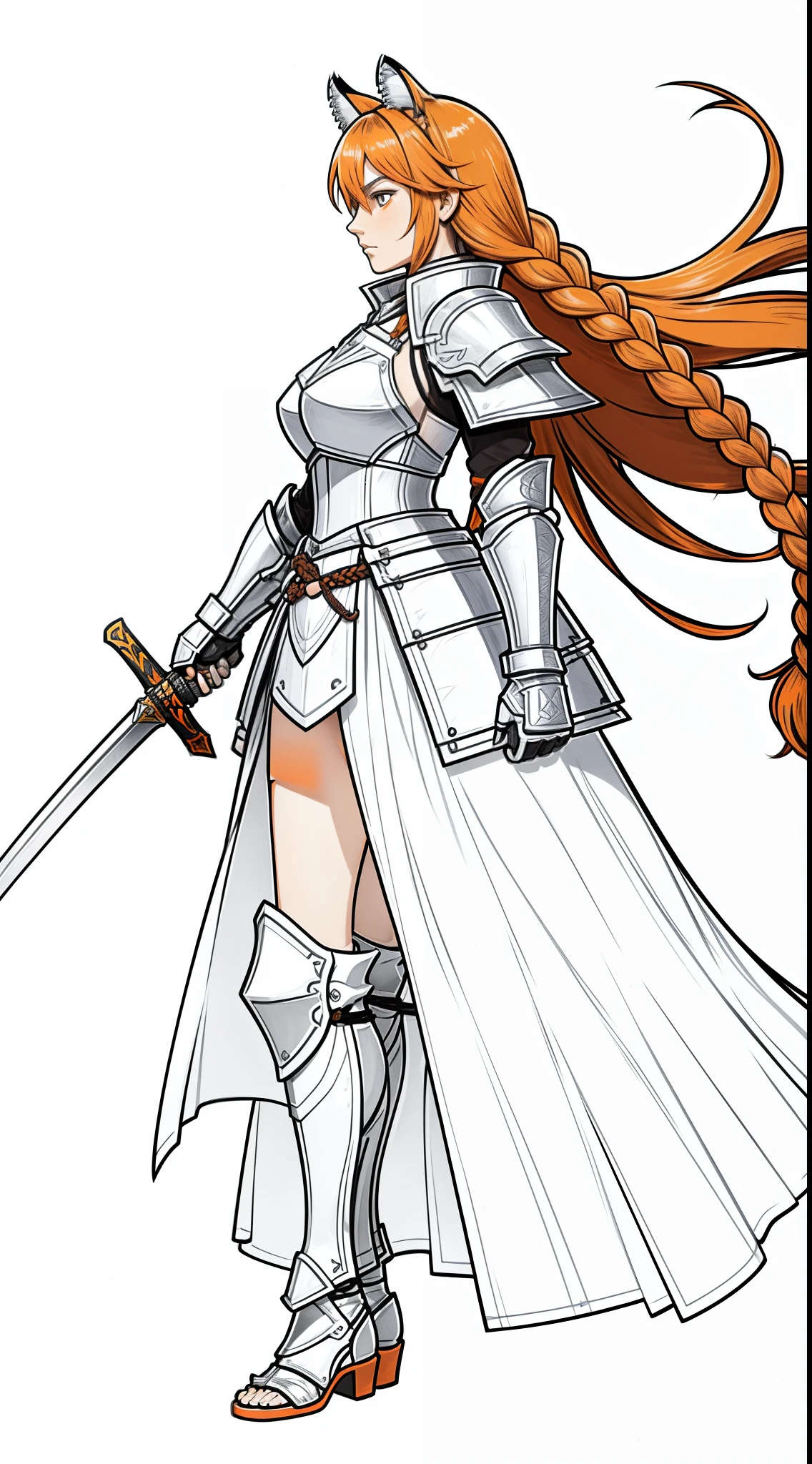 1girl,20 years old,mature female,tiger ears,long hair,(twin braids),(orange hair),templar knight armor,(white background,line drawing),angry,perfil,from side,looking away,raising a sword