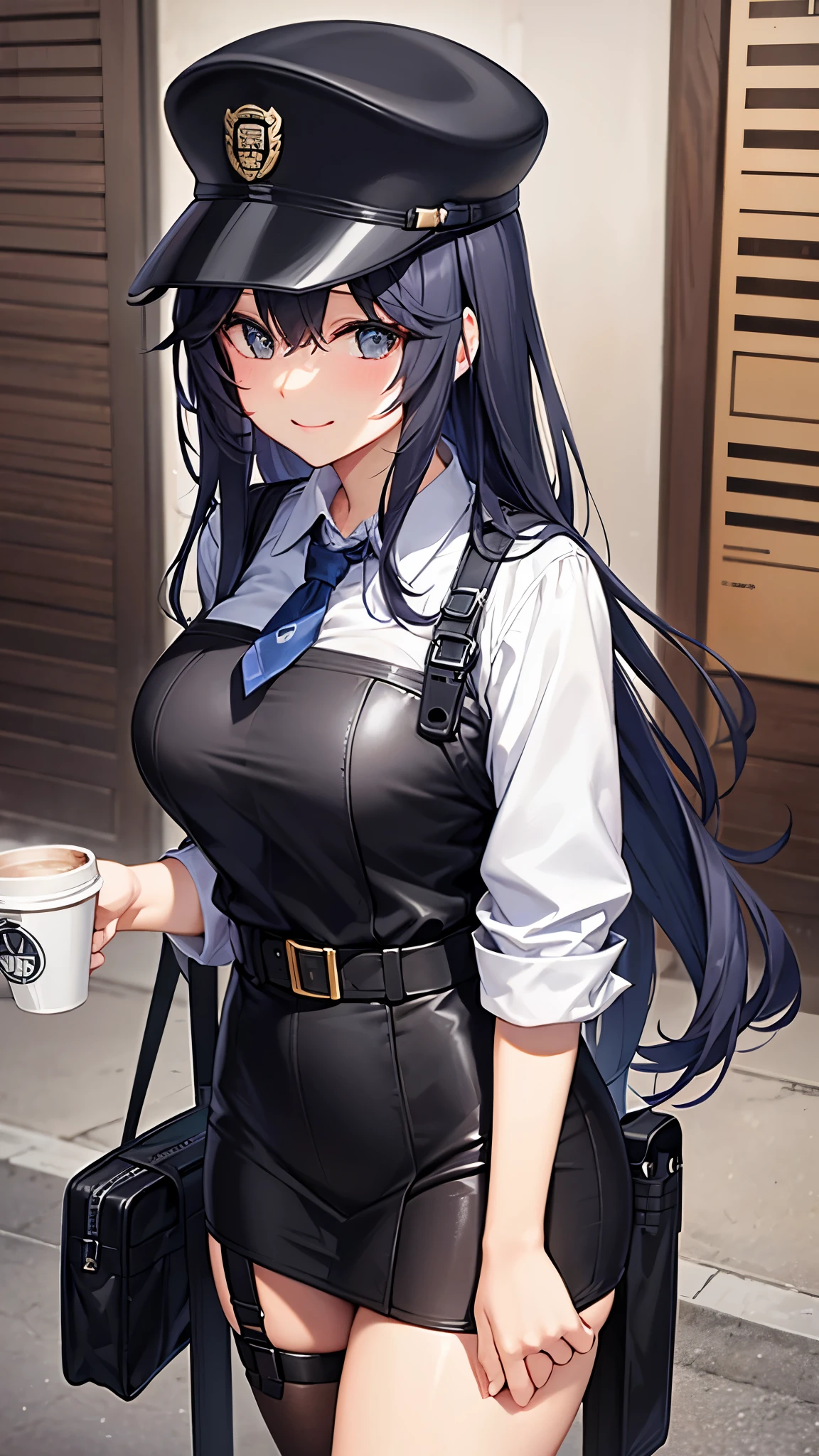 masterpiece, highest quality, Super detailed、1 girl、police officer、Restricted hat、wear a hat、短いblack髪　wavy hair、blackい瞳、Smiled face、narrow eyes、big breasts、black　body suit、whole body、black　pantyhose、whole body、Are standing、black　boots、belt　Large buckle、holster、High leg、modern office、coffeeを持つ　Paper Cups、coffee、police badge