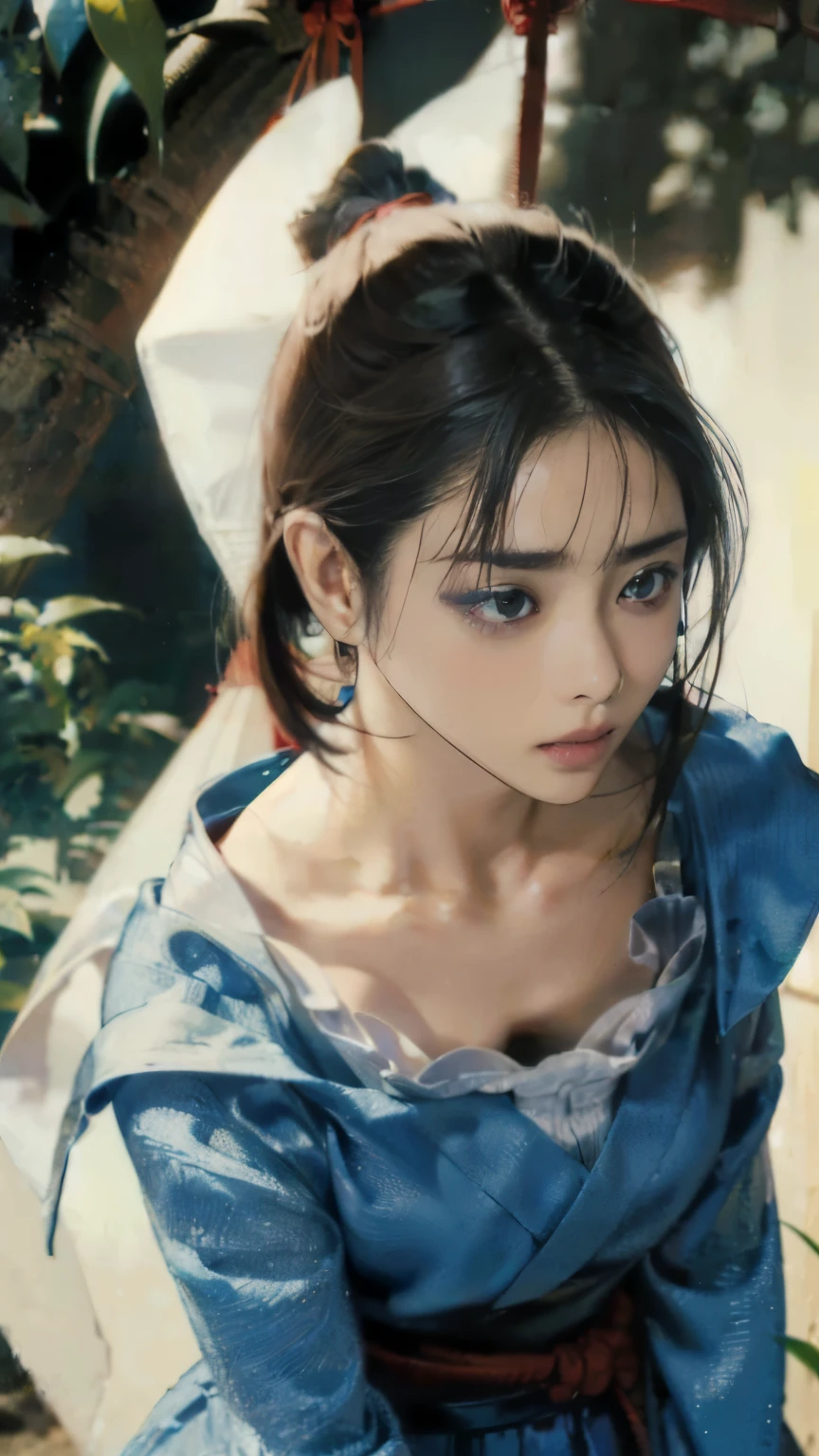 (8K、RAW shooting、highest quality、masterpiece:1.2)、Super detailed、super resolution、(genuine、genuine:1.37)、portrait、High-definition RAW color photo、professional photography、highly detailed face、 highly detailed body、 perfect anatomy、detailed background、(((1人の大人のwoman)))、30歳のwoman、pretty girl、genuineな体つき、small、white skin、glowing skin、because I'thin、black hair、((medium hair))、(neat bangs: 1.4)、cute face、genuine-looking face、delicate eyes、droopy eyes、((jungle))、((囚われたwoman))、(((ninja)))、(((Kunoichi's appearance)))、(((女のninja)))、(((woman'chest exposed.)))、((woman with legs wide open))、((standing posture))、((rope tied her body))、((restraint))、earrings、necklace、bracelet、((face turned to the side))、((目を閉じて大声であくびをするwoman))、contrapo、dynamic lighting、((firm D cup))、((cleavage))、((big breasts))、((look behind you))、((expression of agony))、