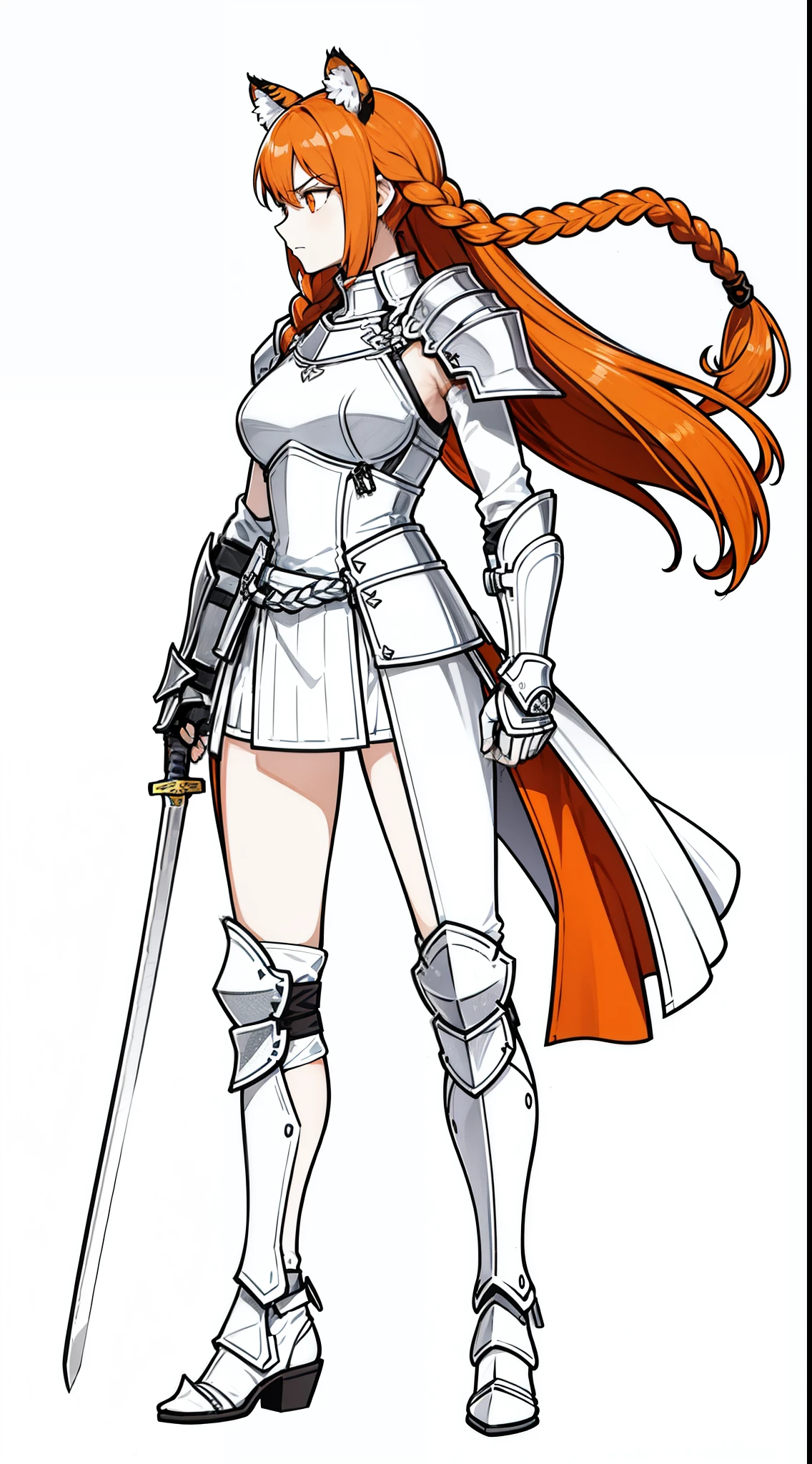 1girl,20 years old,mature female,tiger ears,long hair,(twin braids),(orange hair),templar knight armor,(white background,line drawing),angry,perfil,from side,looking away,raising a sword,battle pose