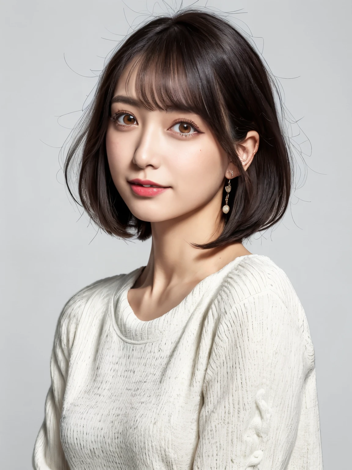 (highest quality、8K、Raw photo、32K、masterpiece、nffsw:1.2)、photo of cute japanese woman、bob hair、bob cut、short hair、Bobbed hair、Upper body、surface focus、simple necklace、simple white back ground、From above、mix 4、(realistic、Photoreal:1.37)、1 girl、Shot in natural light、photon mapping、Physically based rendering、Handsome、excellent image quality、High resolution、1080P、(clean face)、(Detailed facial description)、(detailed description of hands)、(Masseter muscle part)、(Detailed CG)、 hair is dirty、rich details、(exquisite features)、(best image quality)、(masterpiece)、(detailed eye)、delicate clavicle、Versatile poses、profile、white wall、Spring clothes、long sleeve dress