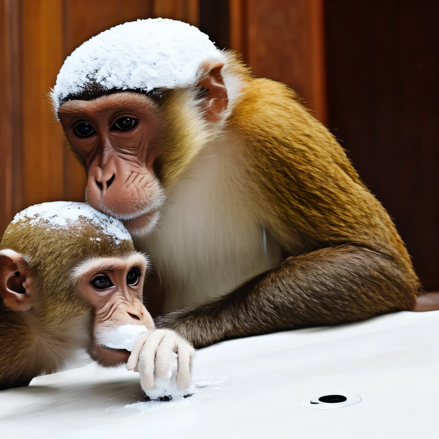 Monkey sniffing white powder on a coffee table. em sala grande. 