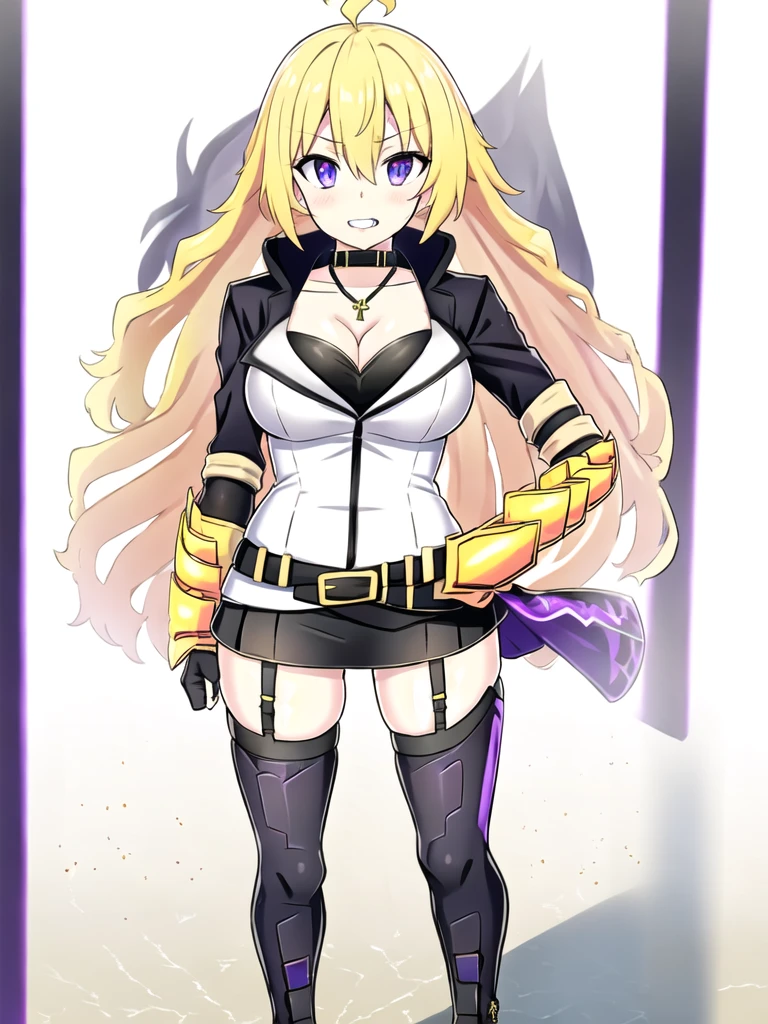 (fullbody), Huntress Yang, 1girl, solo, (ahoge:1), bangs, luscious blonde hair, very long hair, (lilac eyes:1.), eyebrows visible through hair, hair between eyes, lips, teeth, collarbone, (Pendant:1), (purple jewelry:1), jacket, (black sleeves:1), (black shoulders:1), unzipped, long sleeves, cleavage, (black tube top:1), medium breasts, black underwear, (black belt:1.2), buckle, (purple fabric attached left of belt:1), (Heavy wind:1.4), (golden gauntlets with shell casings:1.3), black fingerless gloves, nail polish, (black mini skirt:1.5), thighhighs, (golden fire stamp on each thigh), (garter straps), (black legwear:1), cross-laced footwear, lace-up boots, (white laces on the back of boots:1.1), (standing:1.4), from below, (clean white background:1.5). BREAK, (masutepiece:1.2), Best Quality, High resolution, Unity 8k壁纸, (Illustration:0.8), (Beautiful detailed eyes:1.2), extra detailed face, Perfect Lighting, extremely detailed CG, (open legwear:1.5)