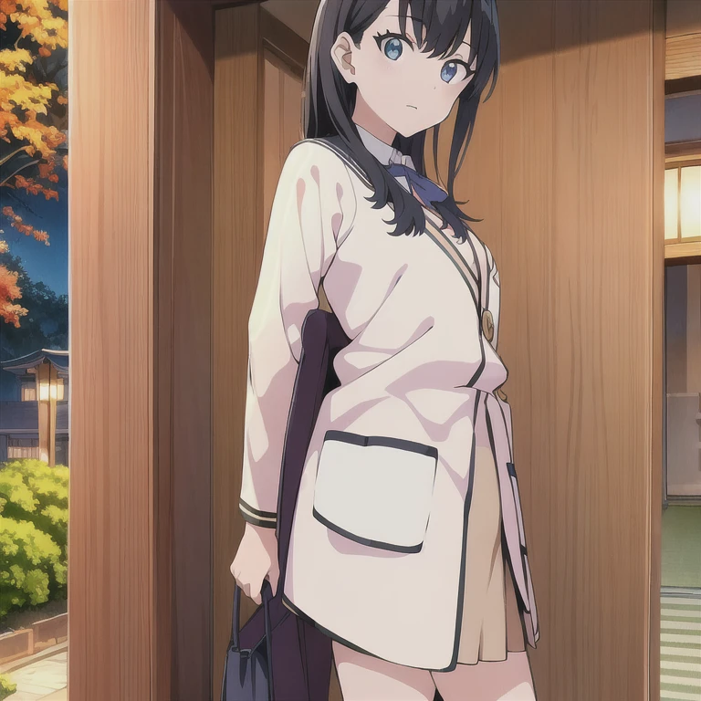 傑作, 最高品質, 高解像度, リッカ1, 1女の子, 宝田リッカ, 黒髪, 一人で, 青い目, 手首シュシュ, 長い髪, 赤い靴下, (高校生、学生服姿、ミニスカート), 黒のスカート, 前髪, オレンジシュシュ, 赤い弓, ホワイトカーディガン, 長袖, ちょうネクタイ, 白のシャツ, ミニスカート, 白いセーター, カウボーイショット, (大きな胸:1.5) (太もも:1.4)